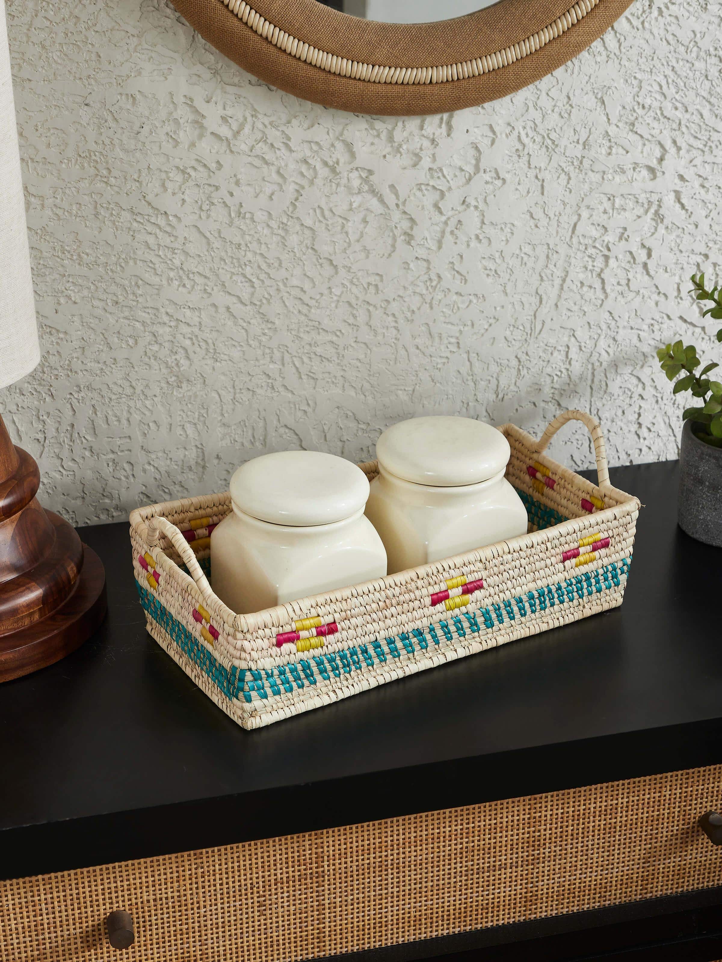 Side view of Kanshi basketry natural fibre chutni tray showing craftsmanship and design