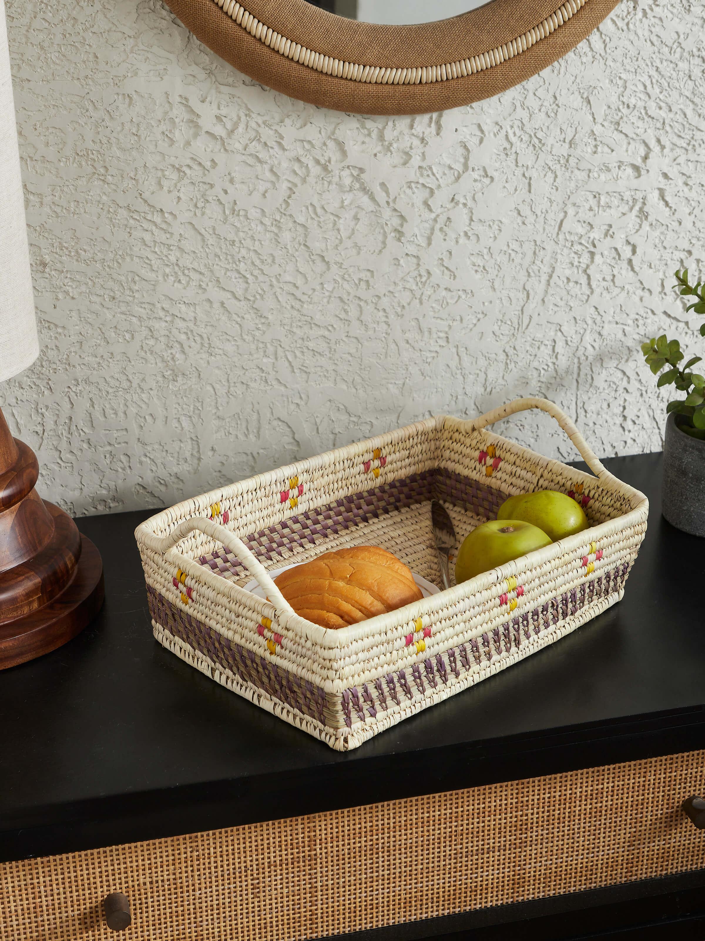 Side view of Kanshi basketry natural fibre serving tray highlighting its elegant shape.