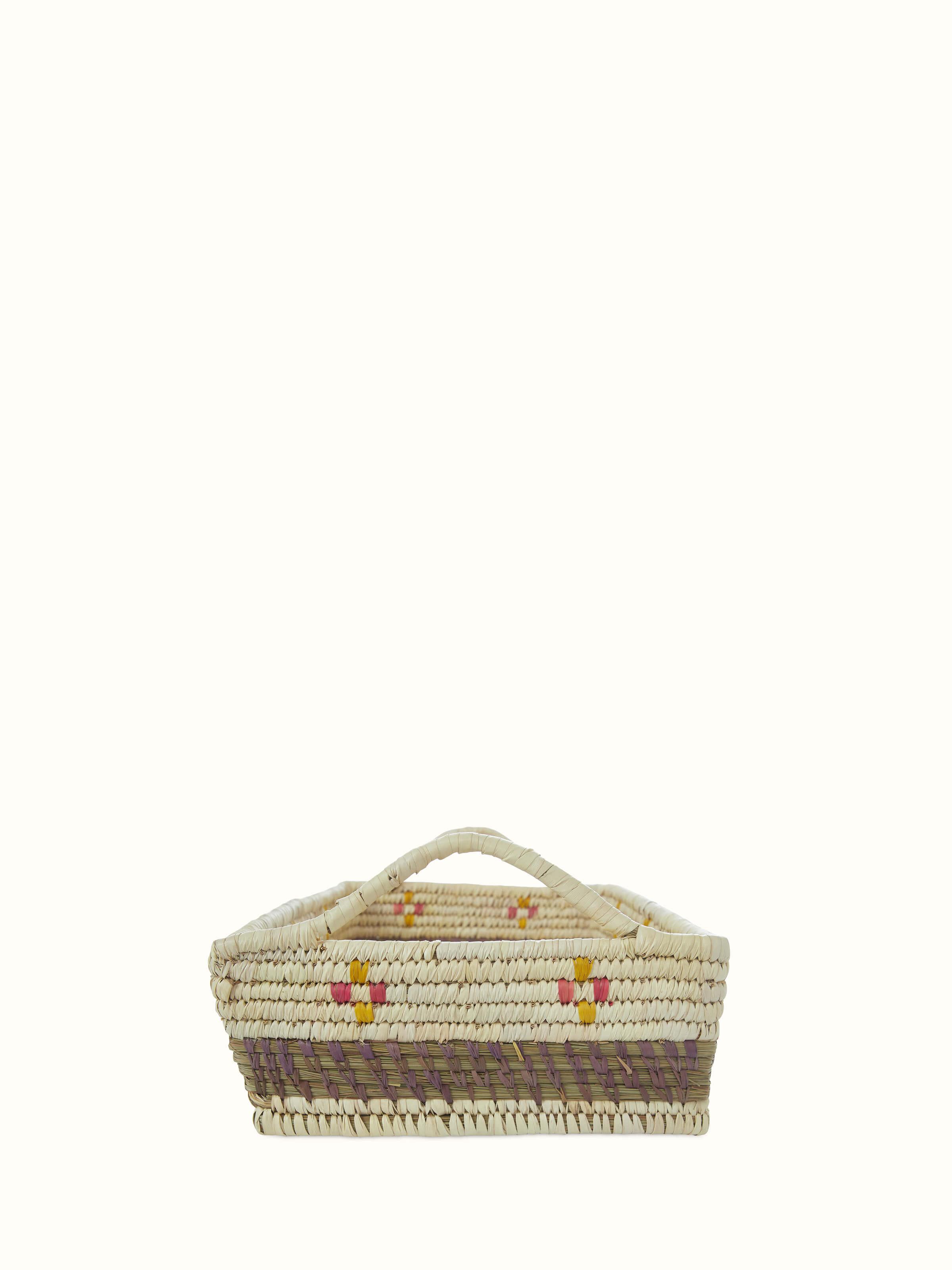Angle view of Kanshi basketry natural fibre serving tray showing its craftsmanship.