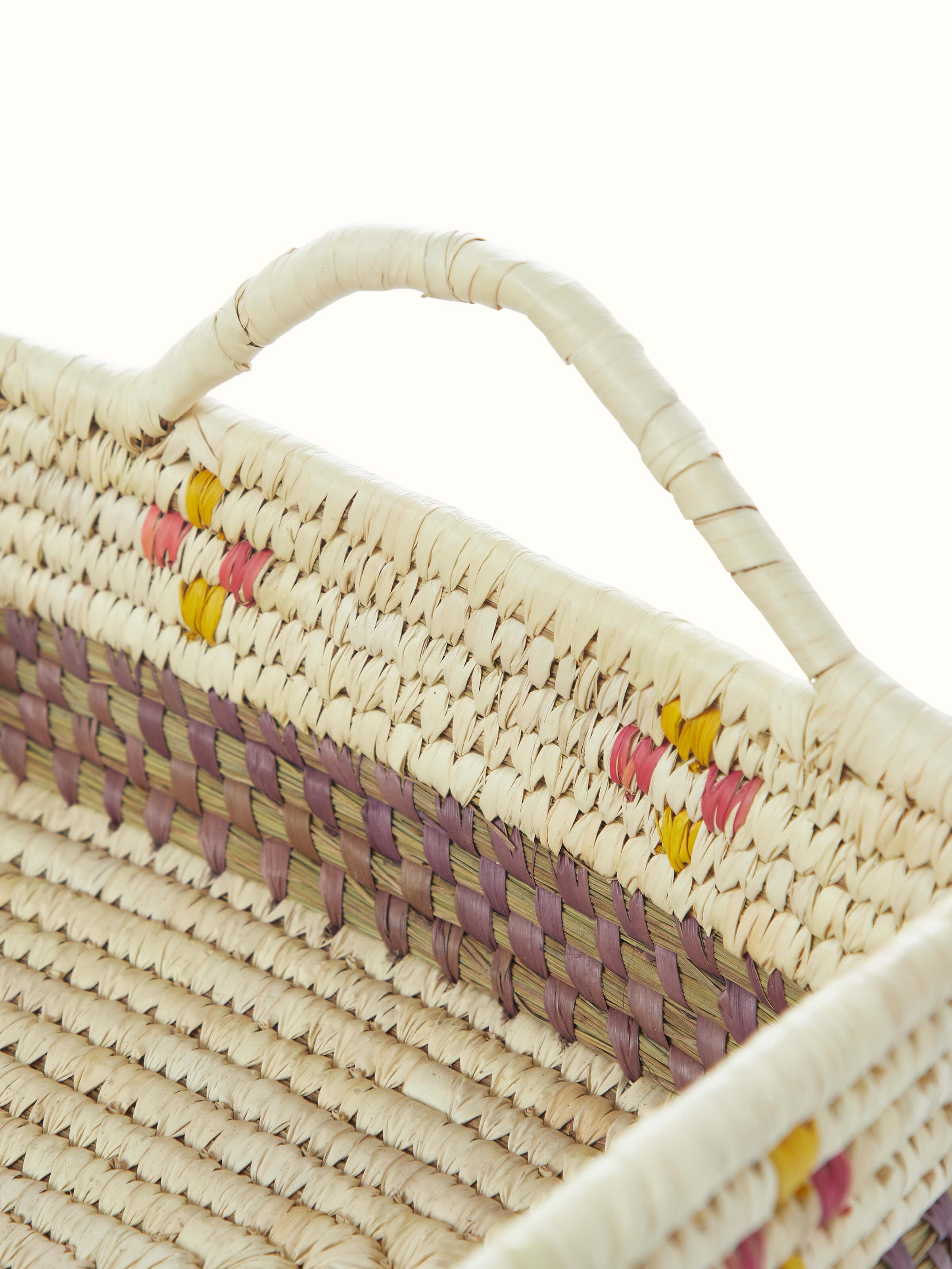 Bottom view of Kanshi basketry natural fibre serving tray with focus on base design.