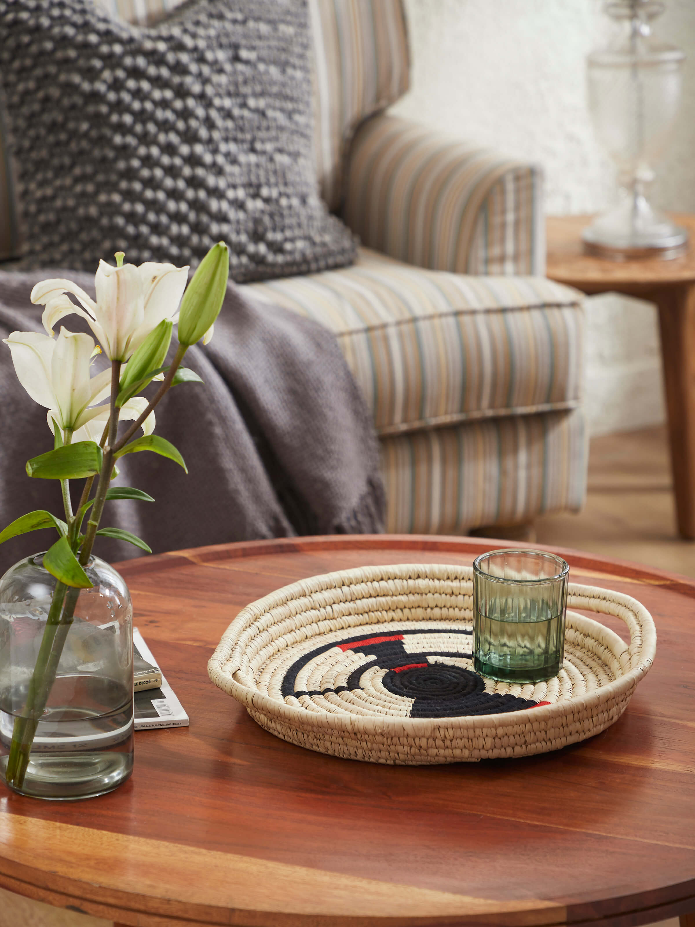Side view of Kanshi Basketry Natural Fibre Tray highlighting the craftsmanship and natural fiber materials.