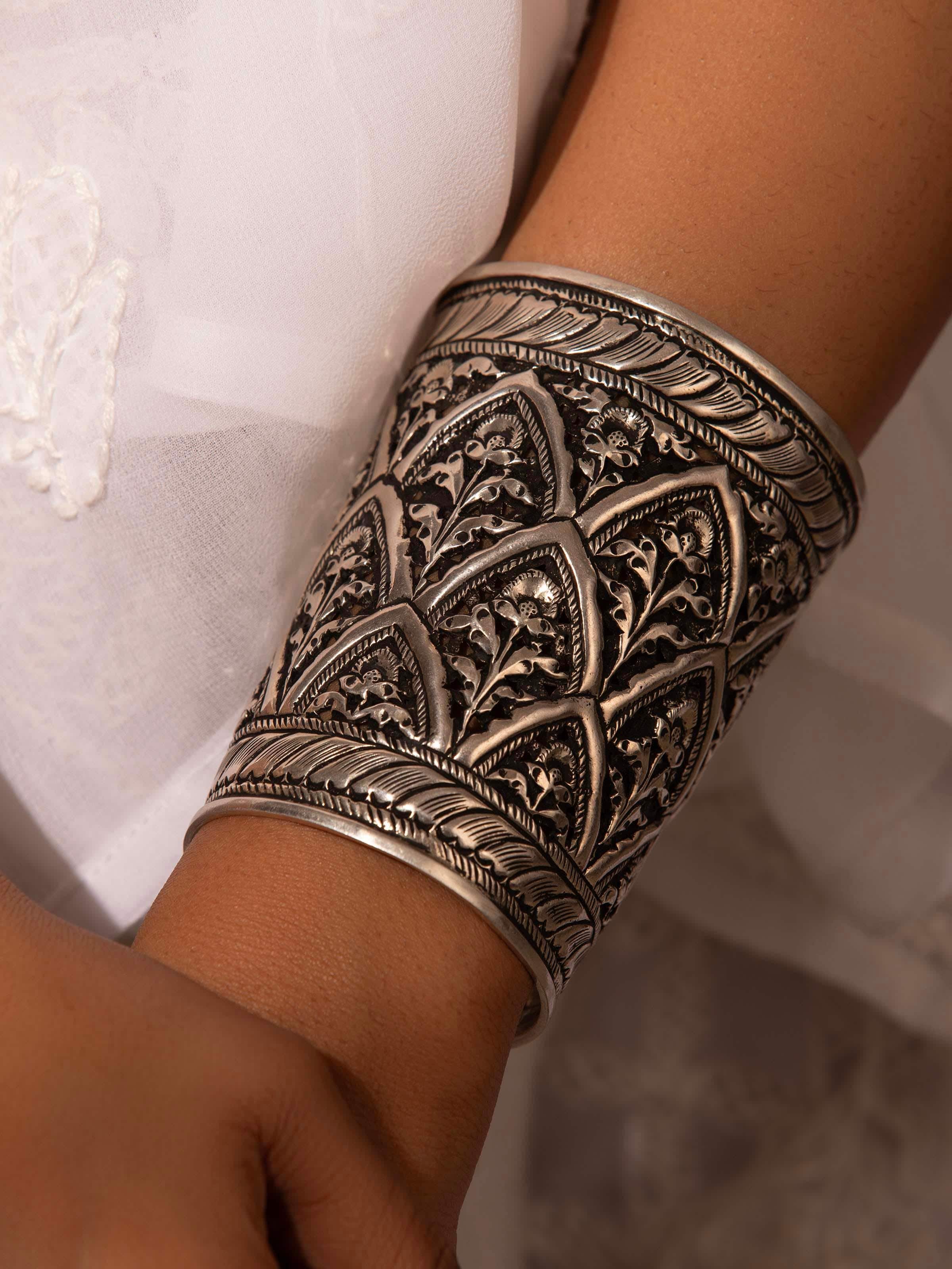 Side view of Silver Smithing Hand Cuff emphasizing its modern design and quality metalwork.