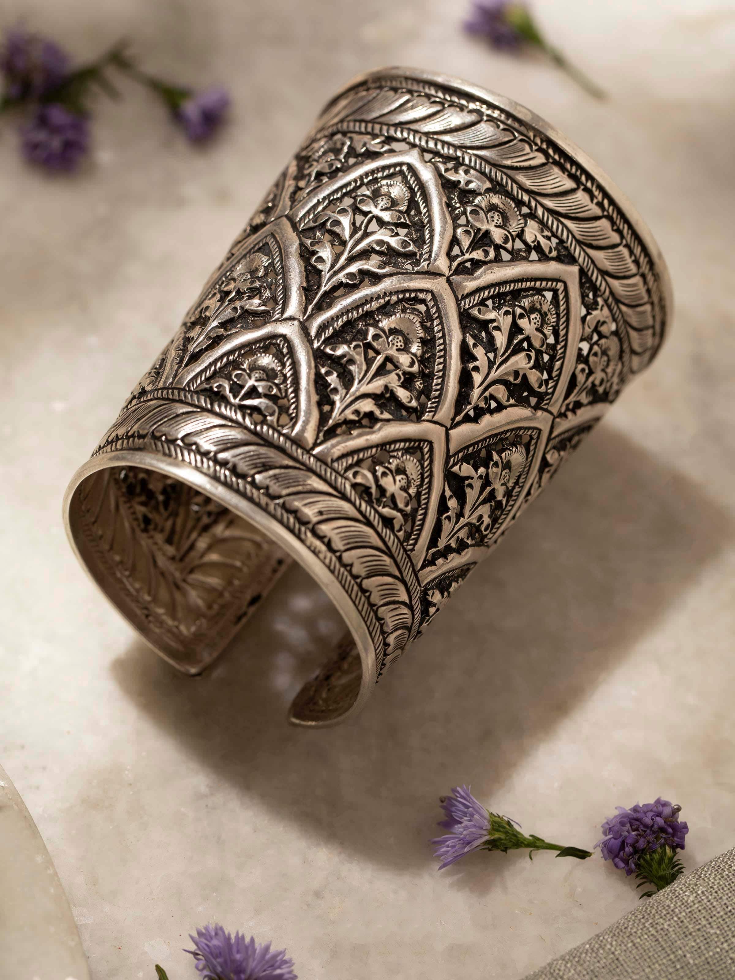 Detailed close-up of Silver Smithing Hand Cuff focusing on the polished finish and intricate design.