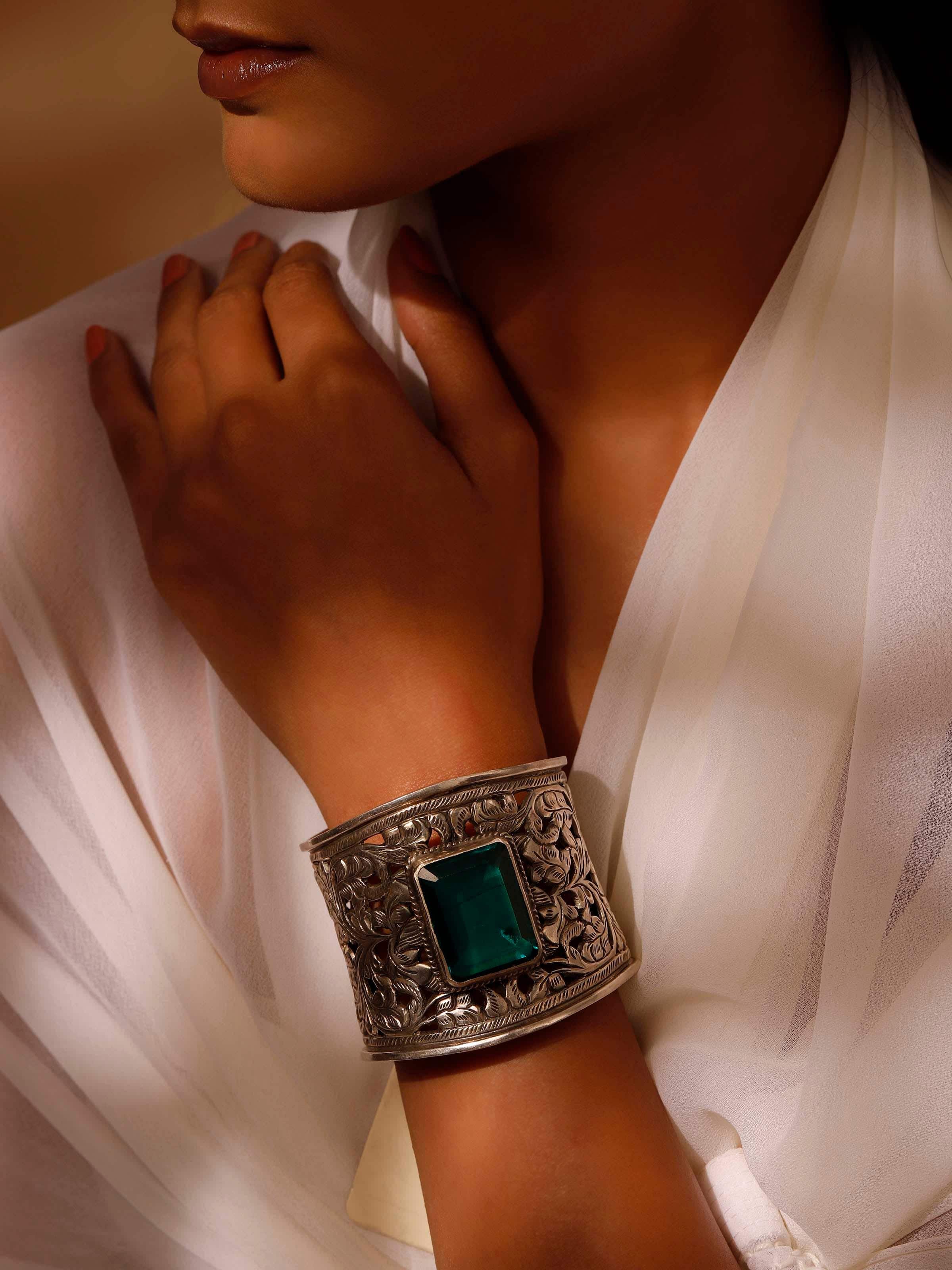 Close-up view of Silver Smithing Hand Cuff featuring intricate silver details and craftsmanship