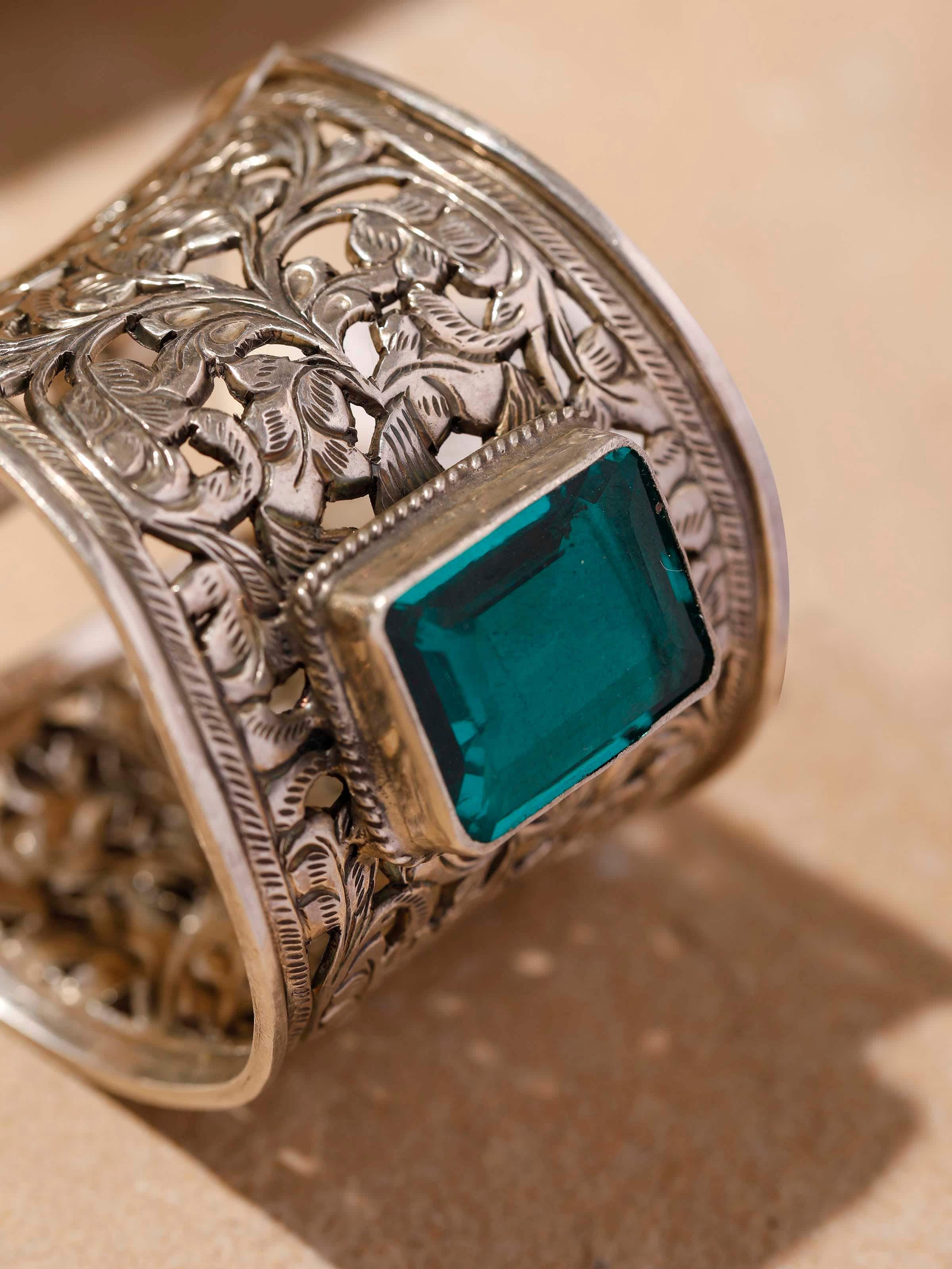 Detailed view of Silver Smithing Hand Cuff emphasizing fine silverwork and refined texture