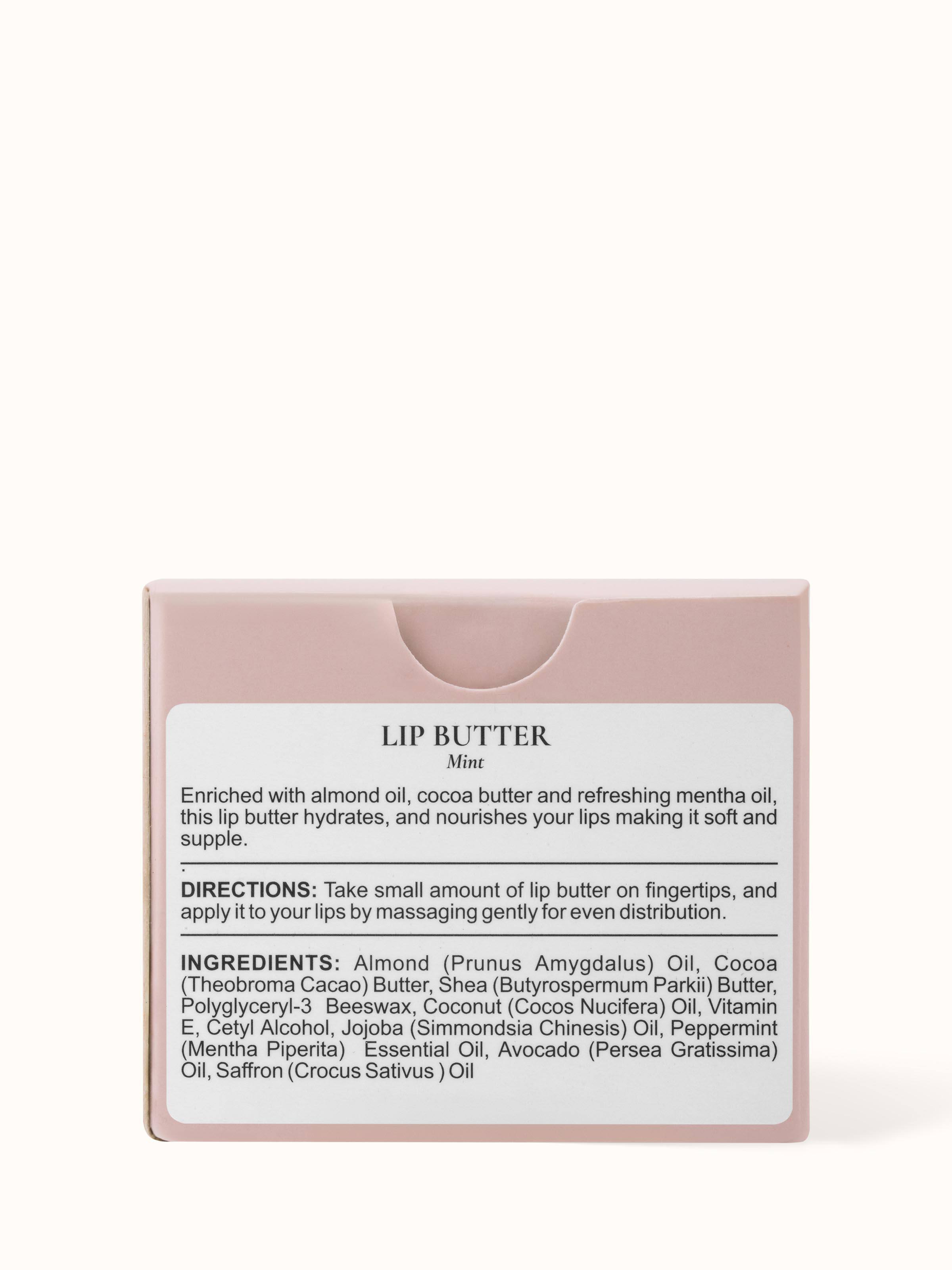 Back view of Lip Butter Mint showcasing the ingredient list and benefits for lips