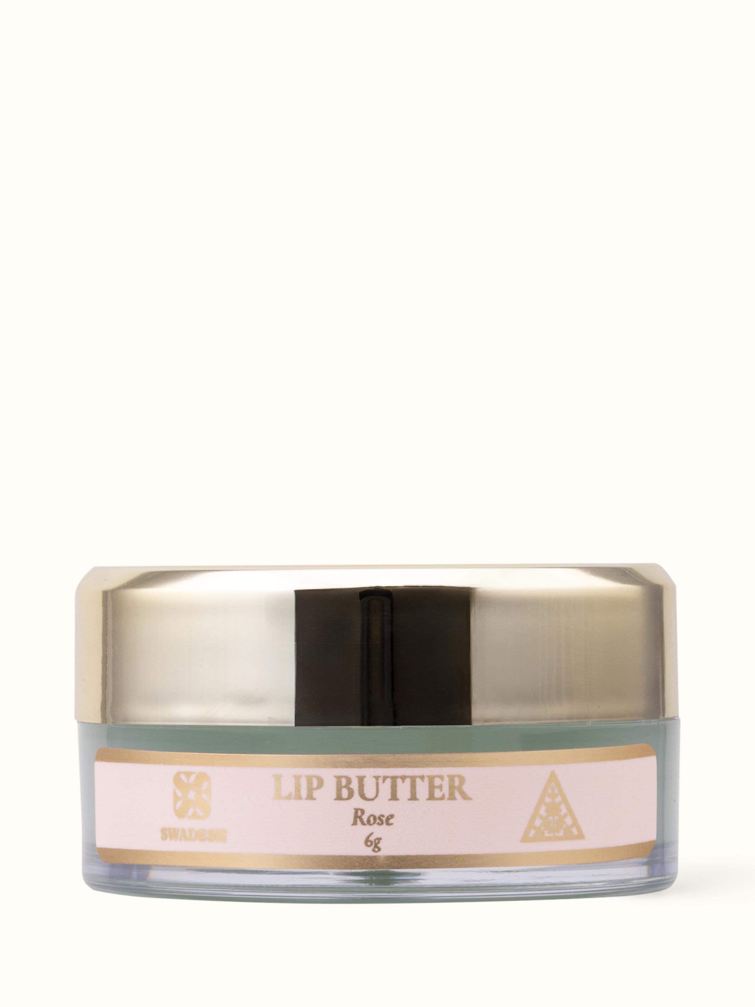 Front view of Lip Butter Rose showcasing the sleek jar with a visible label and product details.
