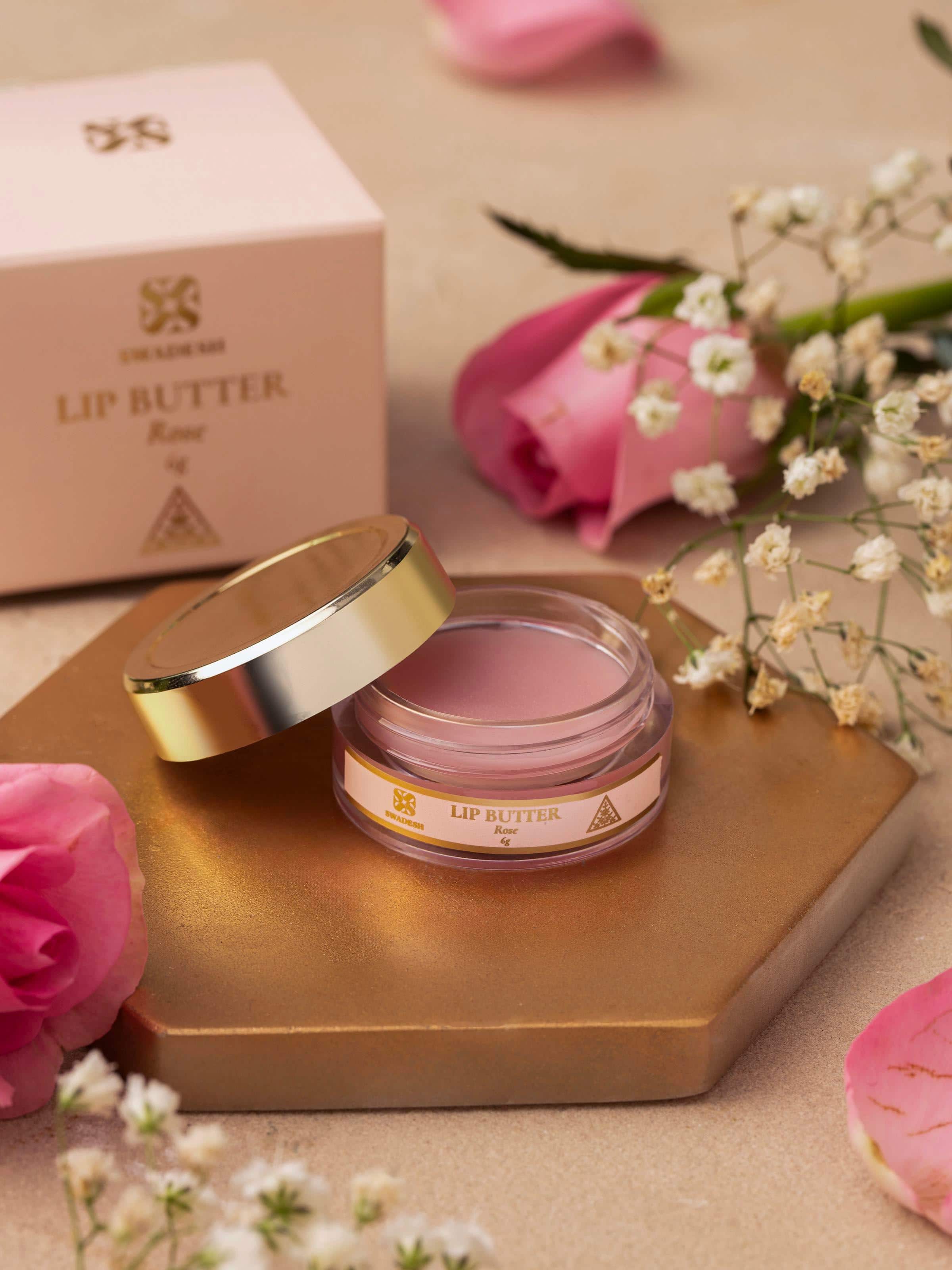 Side view of Lip Butter Rose highlighting the jar’s design and packaging label for a detailed look.