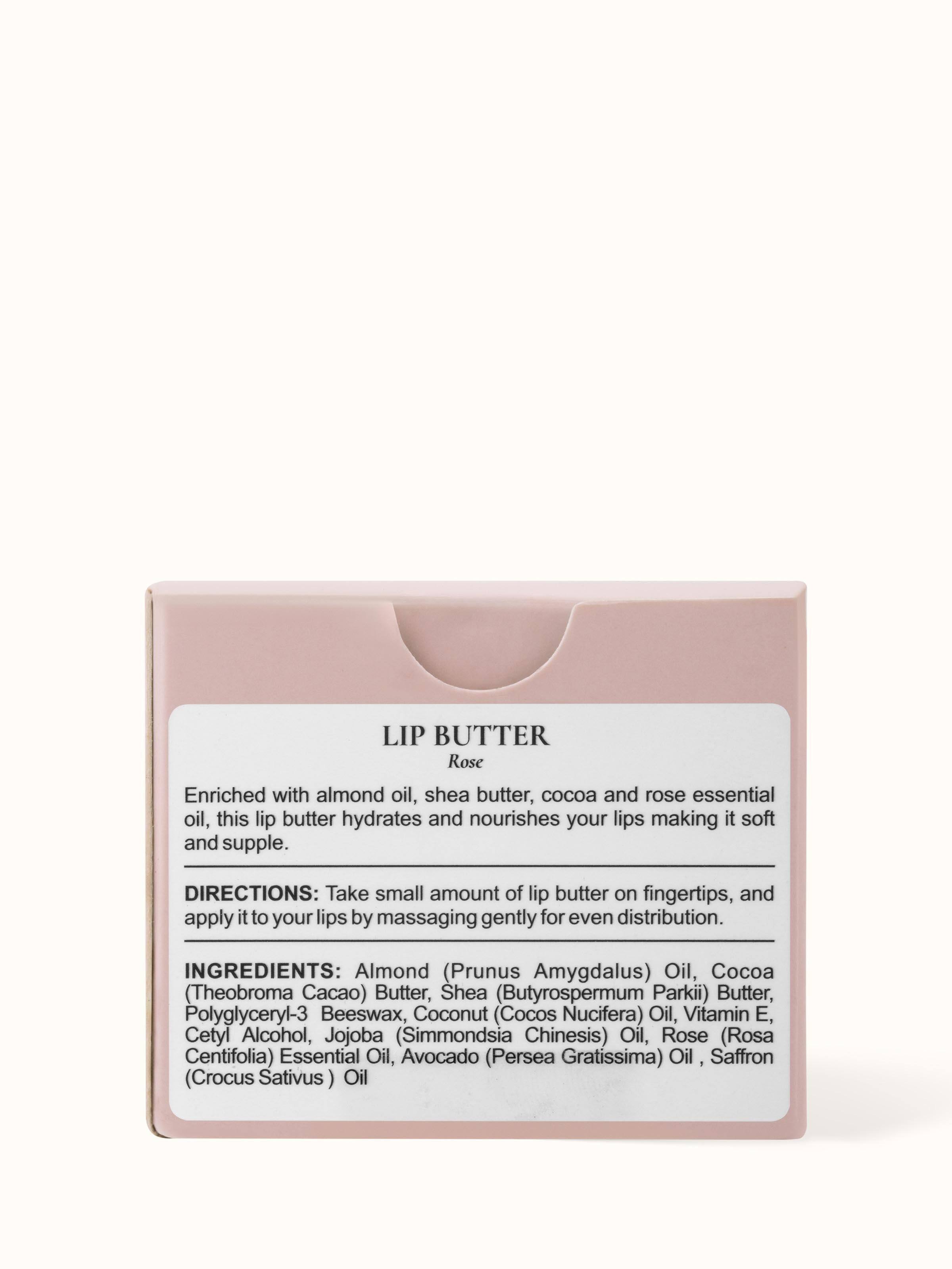 Back view of Lip Butter Rose displaying the ingredients and usage information on the jar's label.