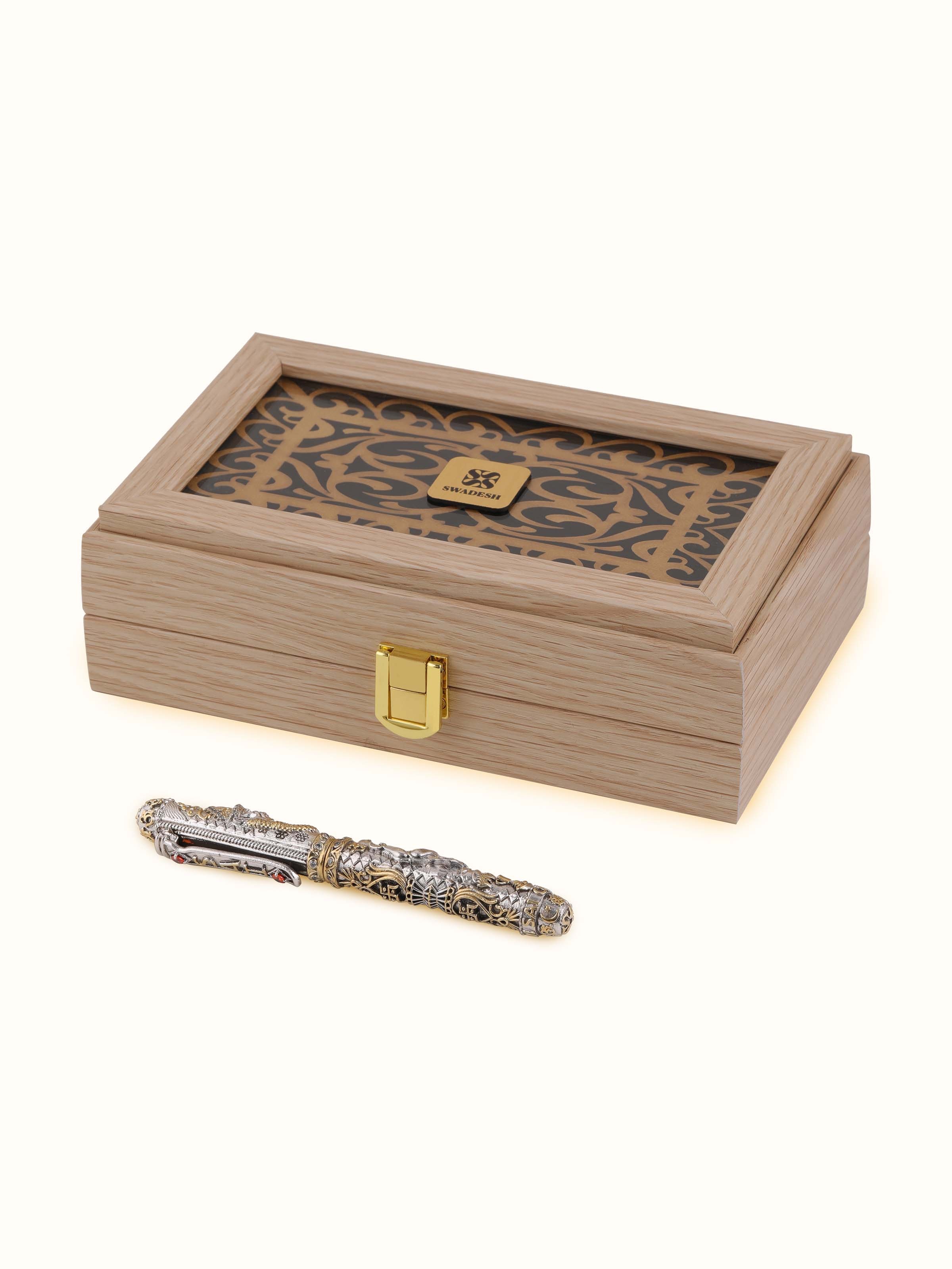 Front view of Lord Sai Baba Silver Smithing Pen featuring intricate silver detailing and an elegant design.