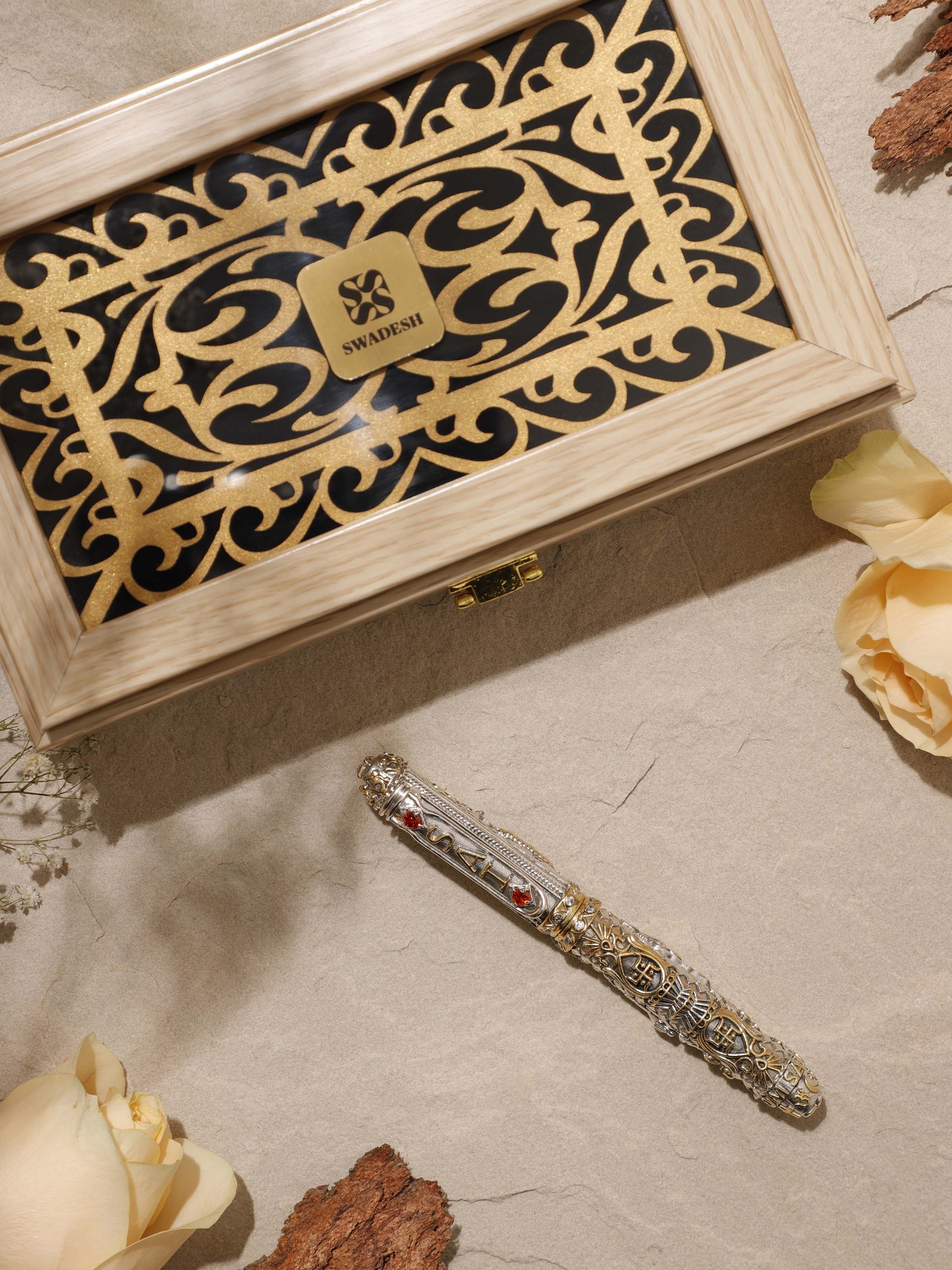 Back view of Lord Sai Baba Silver Smithing Pen focusing on the silver craftsmanship and fine details.