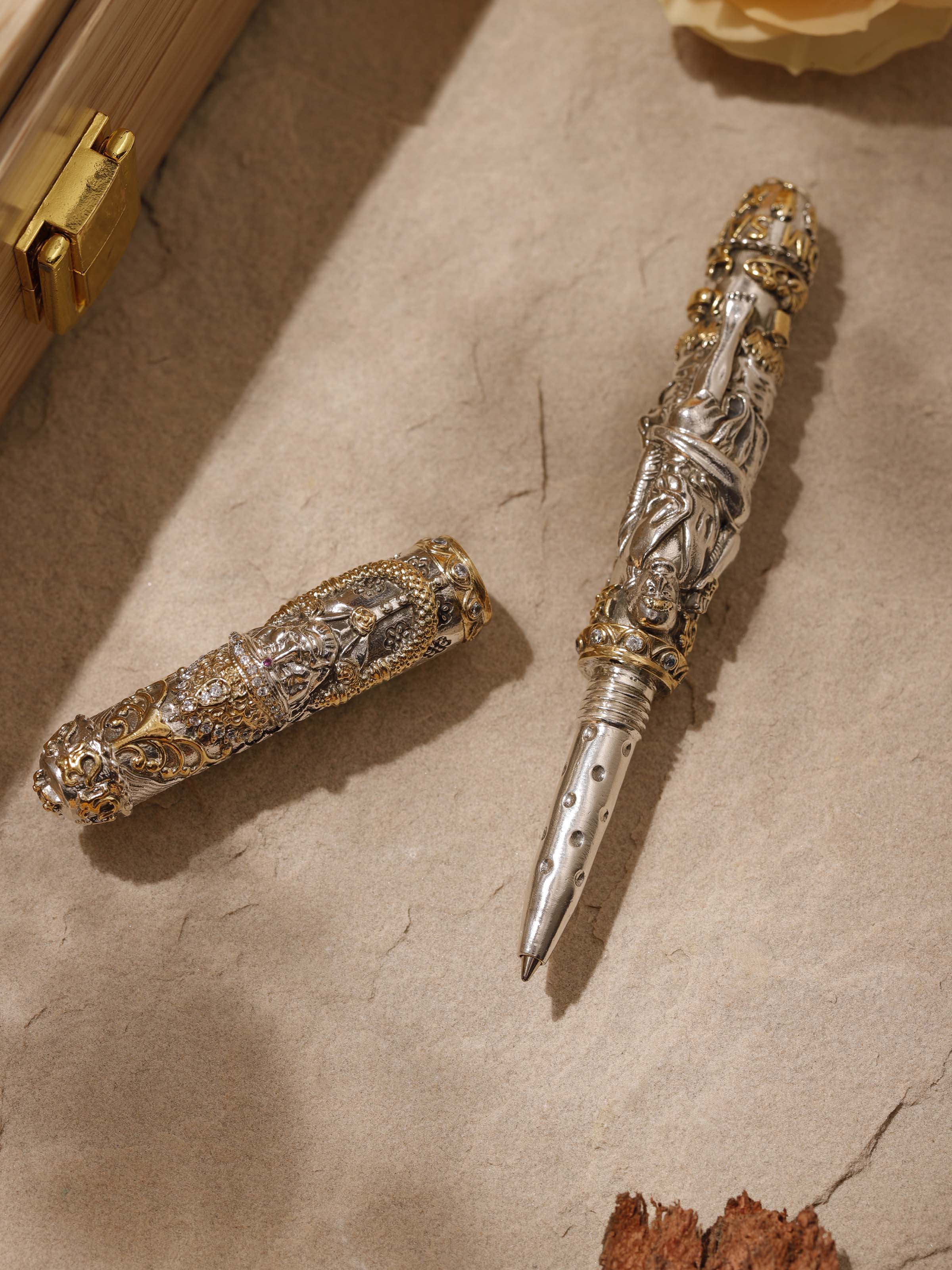 Detailed image of Lord Sai Baba Silver Smithing Pen emphasizing the high-quality silver and intricate design.