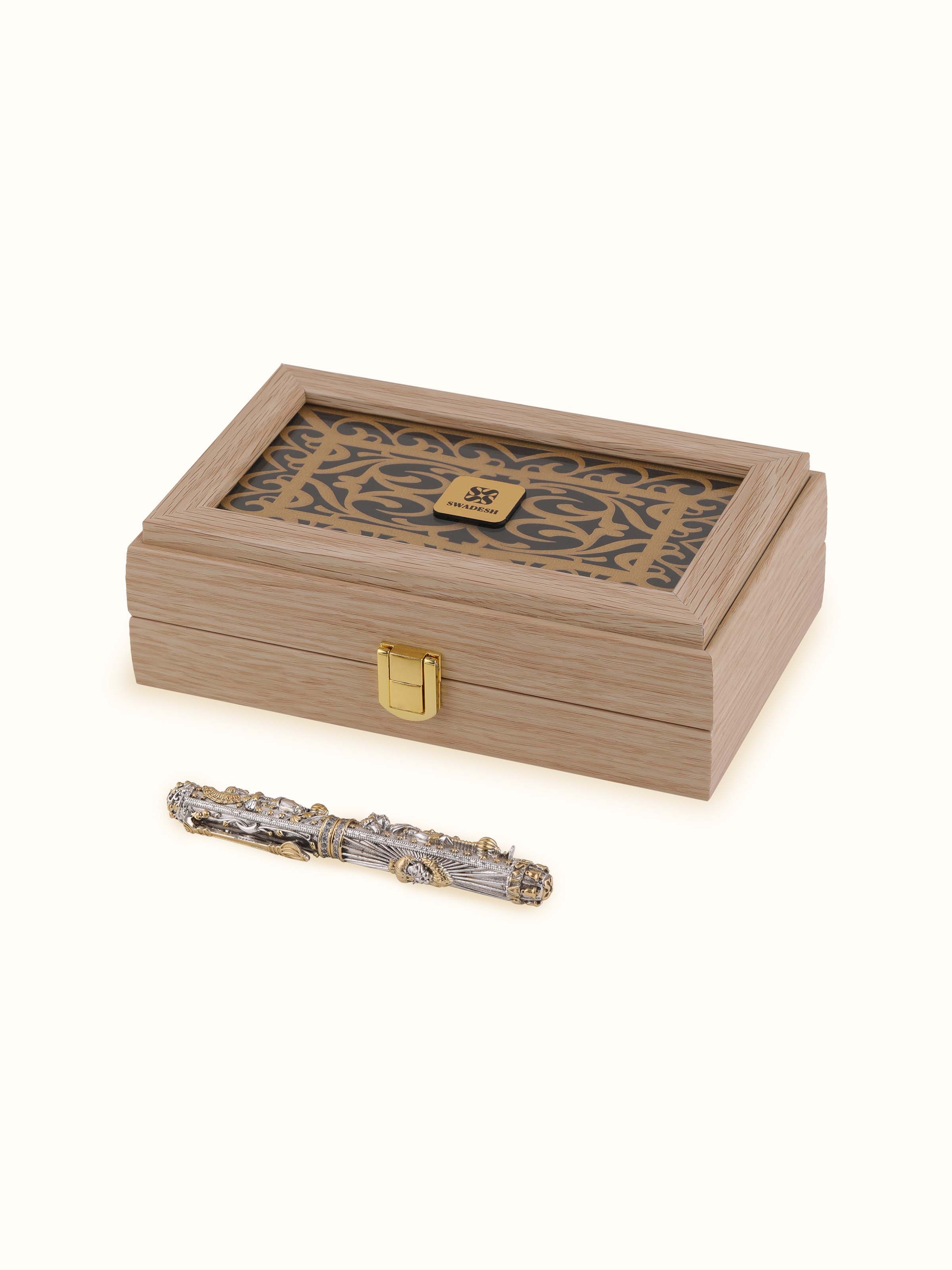 Overhead view of Lord Hanuman Silver Smithing Pen featuring intricate Hanuman engraving and design.