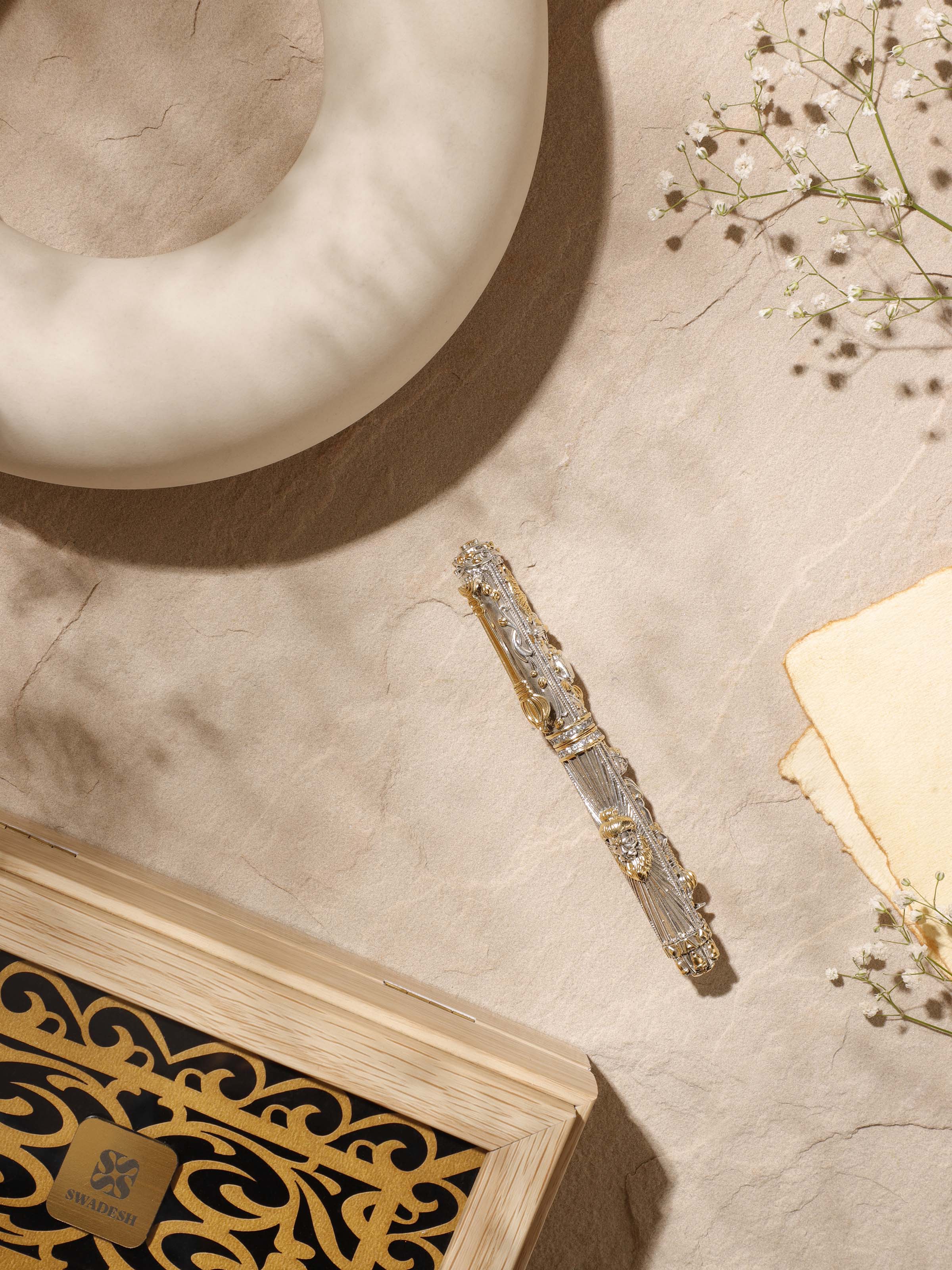 Artistic angle of Lord Hanuman Silver Smithing Pen showcasing its intricate details and craftsmanship.