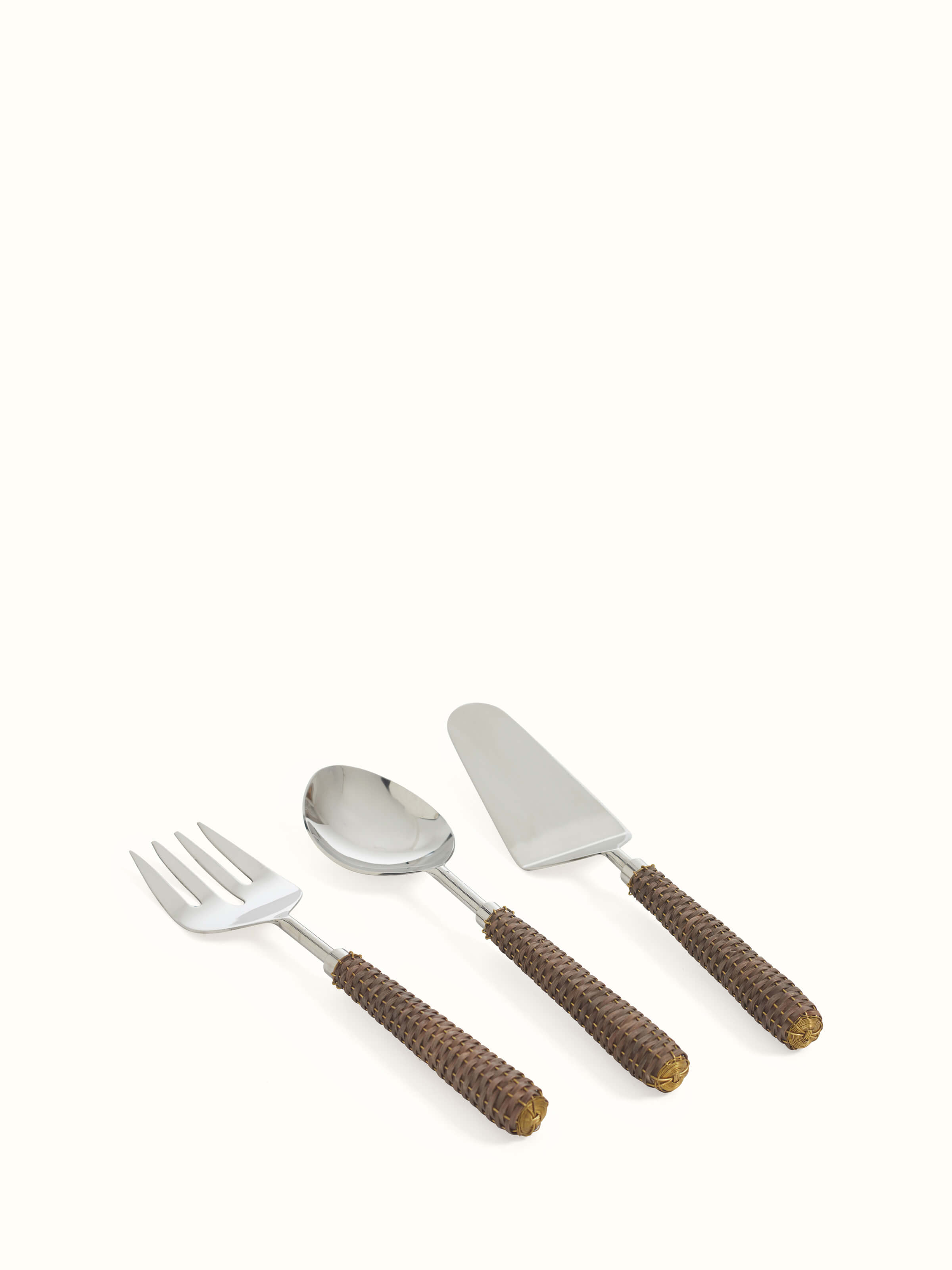 Angled view of Stainless Steel Cutlery with Rattan Handles (3 pcs)