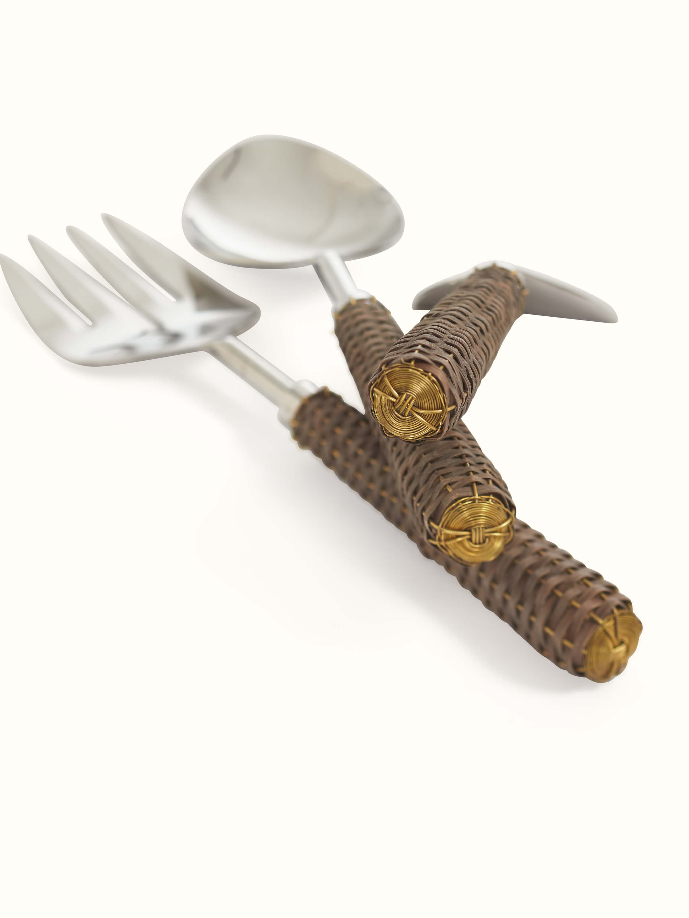 Angled close-up of Stainless Steel Cutlery with Rattan Handles (3 pcs)