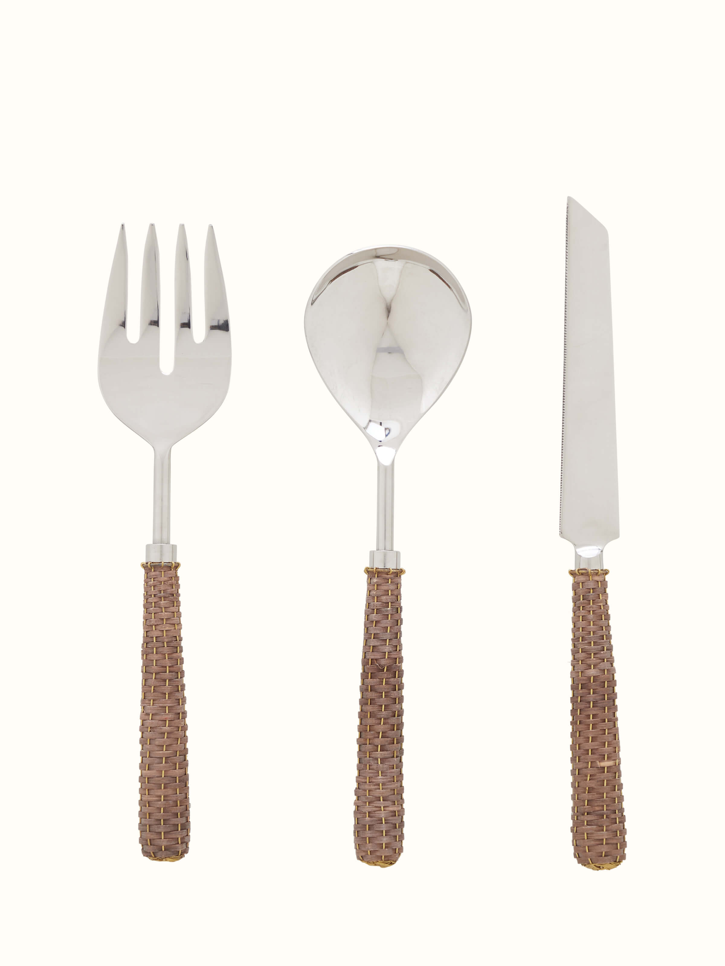 Front view of Rattan handle stainless steel cutlery set (3 pcs), showcasing stylish rattan handles.