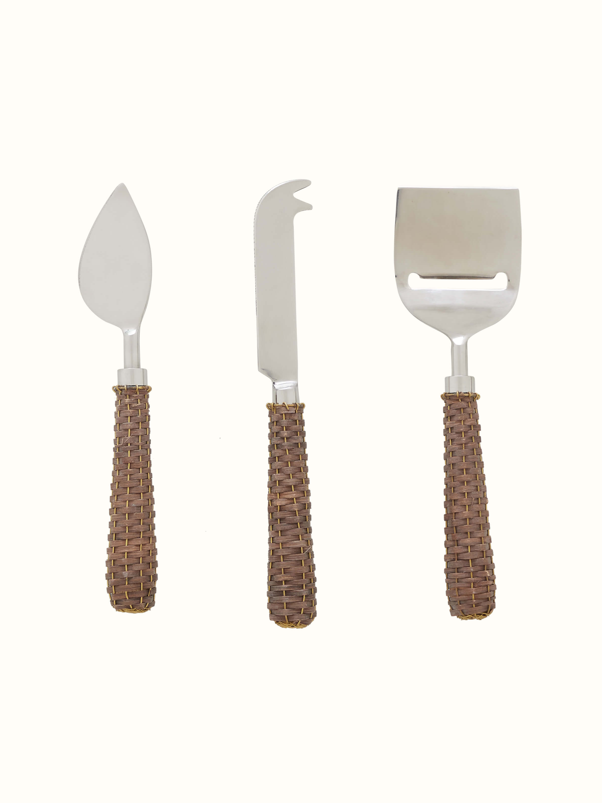 Stainless steel cheese knives with rattan handles, featuring a sleek design and comfortable grip.