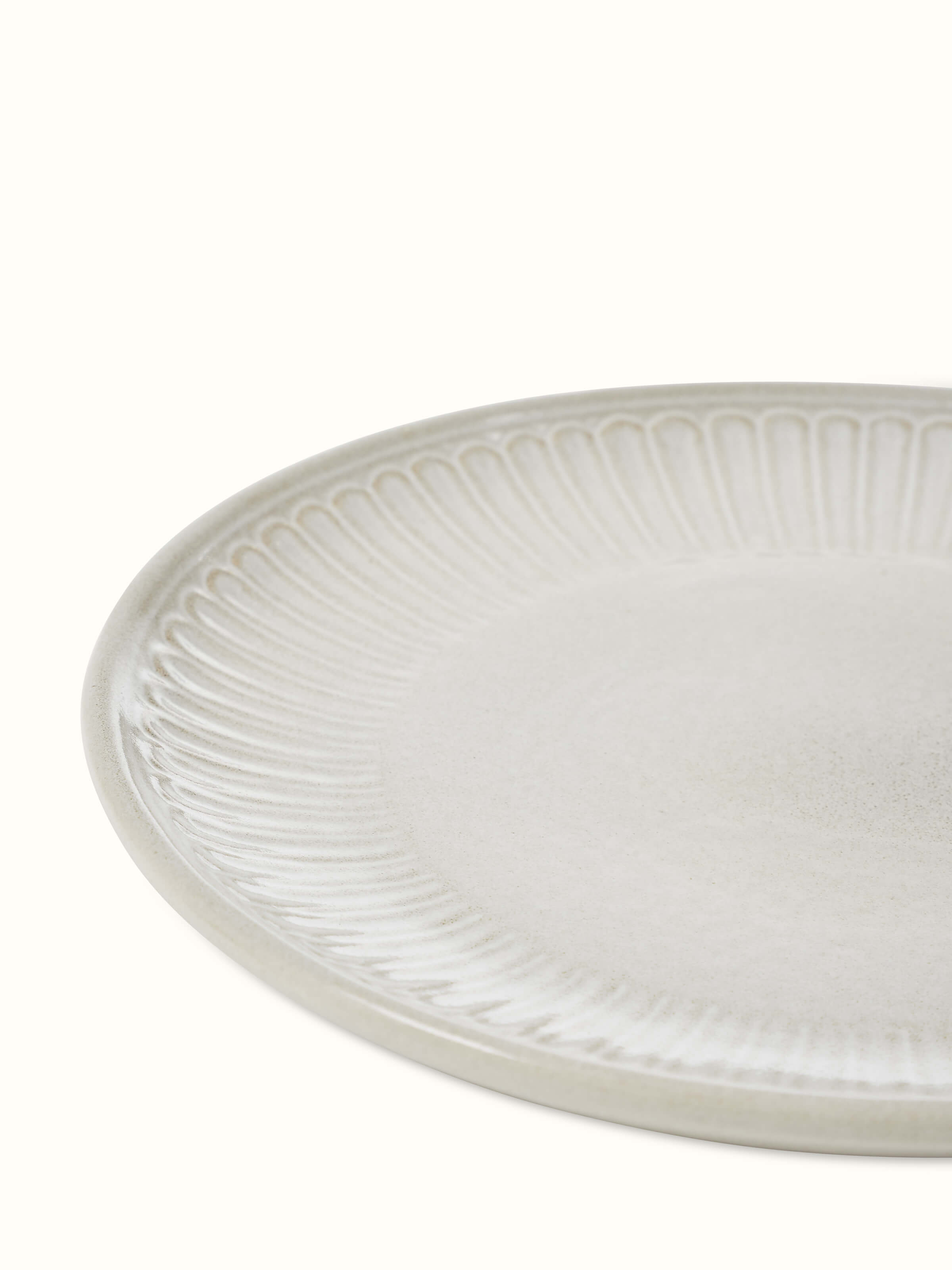 Group view of Studio Pottery Ceramic Dinner Plates in White, emphasizing the set of four plates together