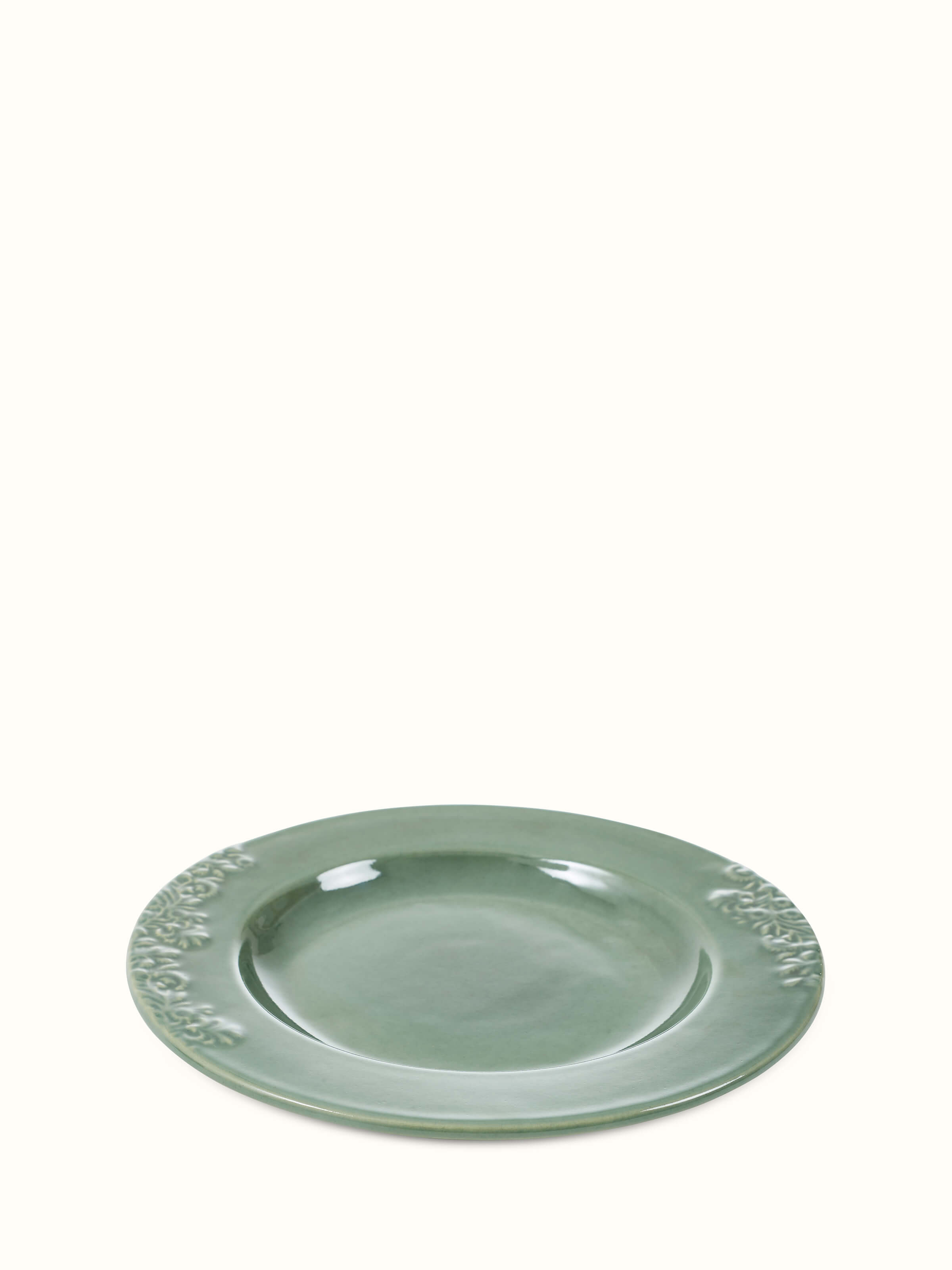 Full view of Studio Pottery Ceramic Dinner Plates in green, displaying the entire set of four plates together