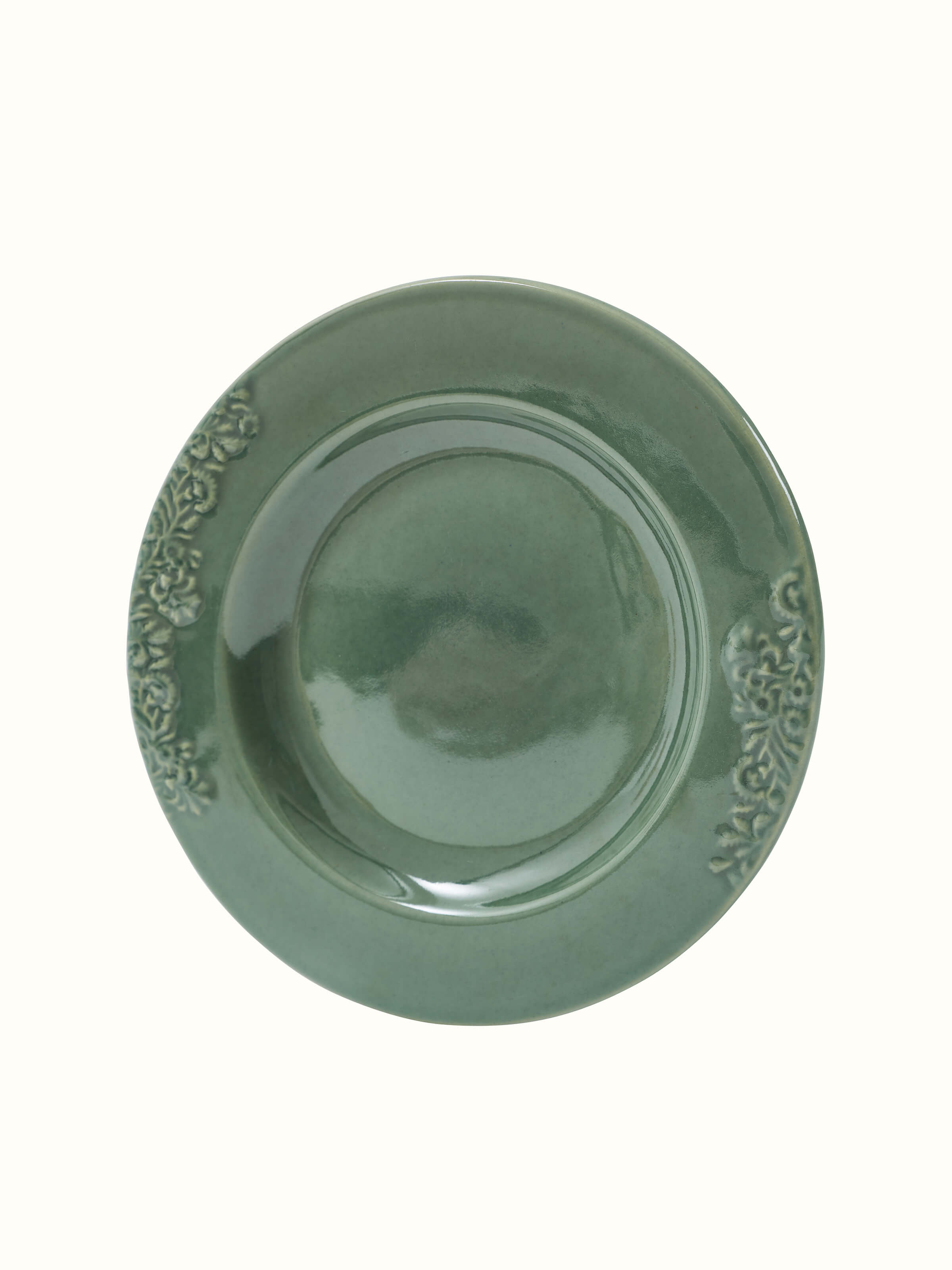 Detailed view of Studio Pottery Ceramic Dinner Plate showing the green glaze and artistic finish of the plate