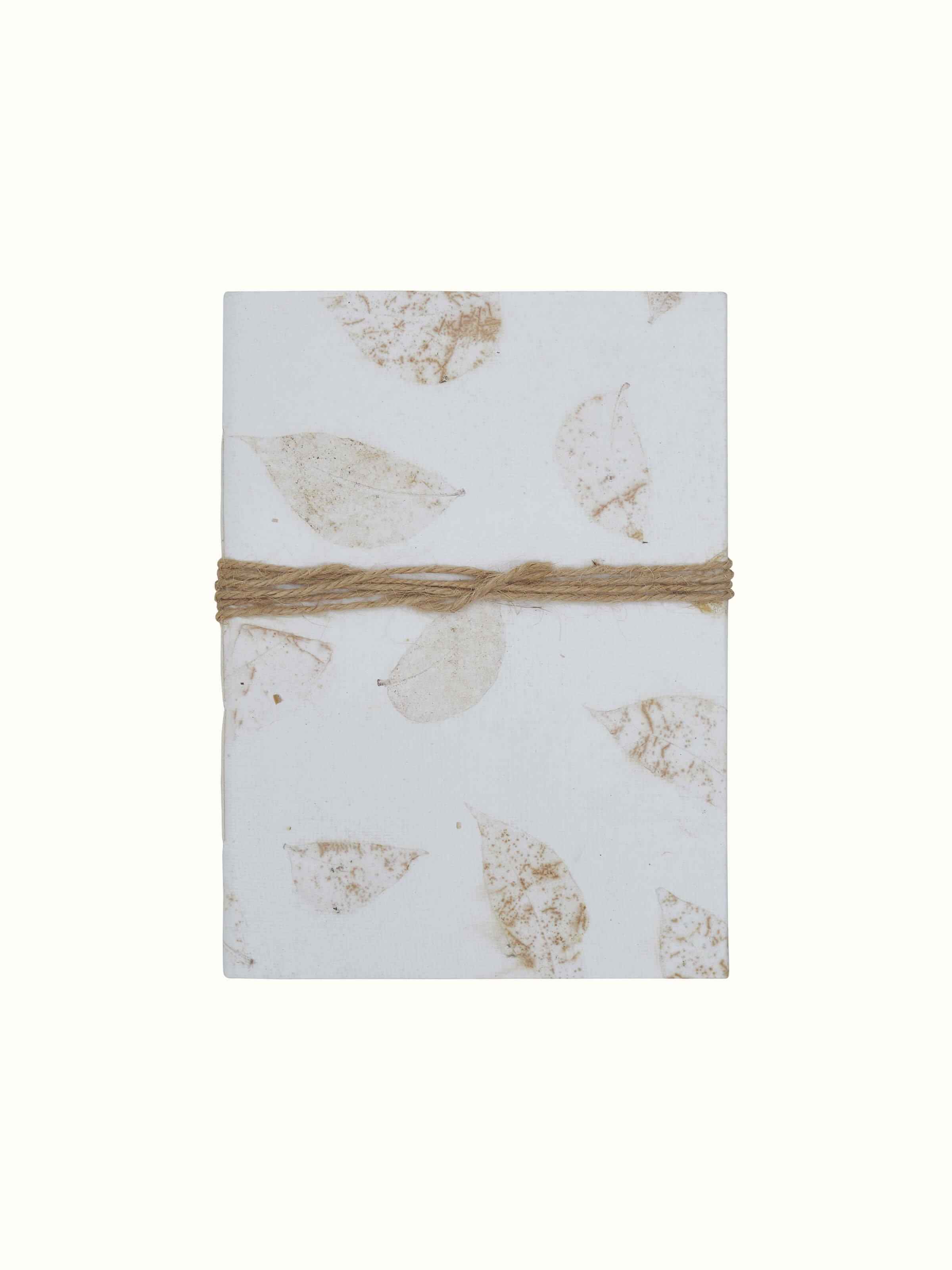 Front view of Auroville Handmade Paper Notebook with Rope in white, highlighting the notebook's texture and design.