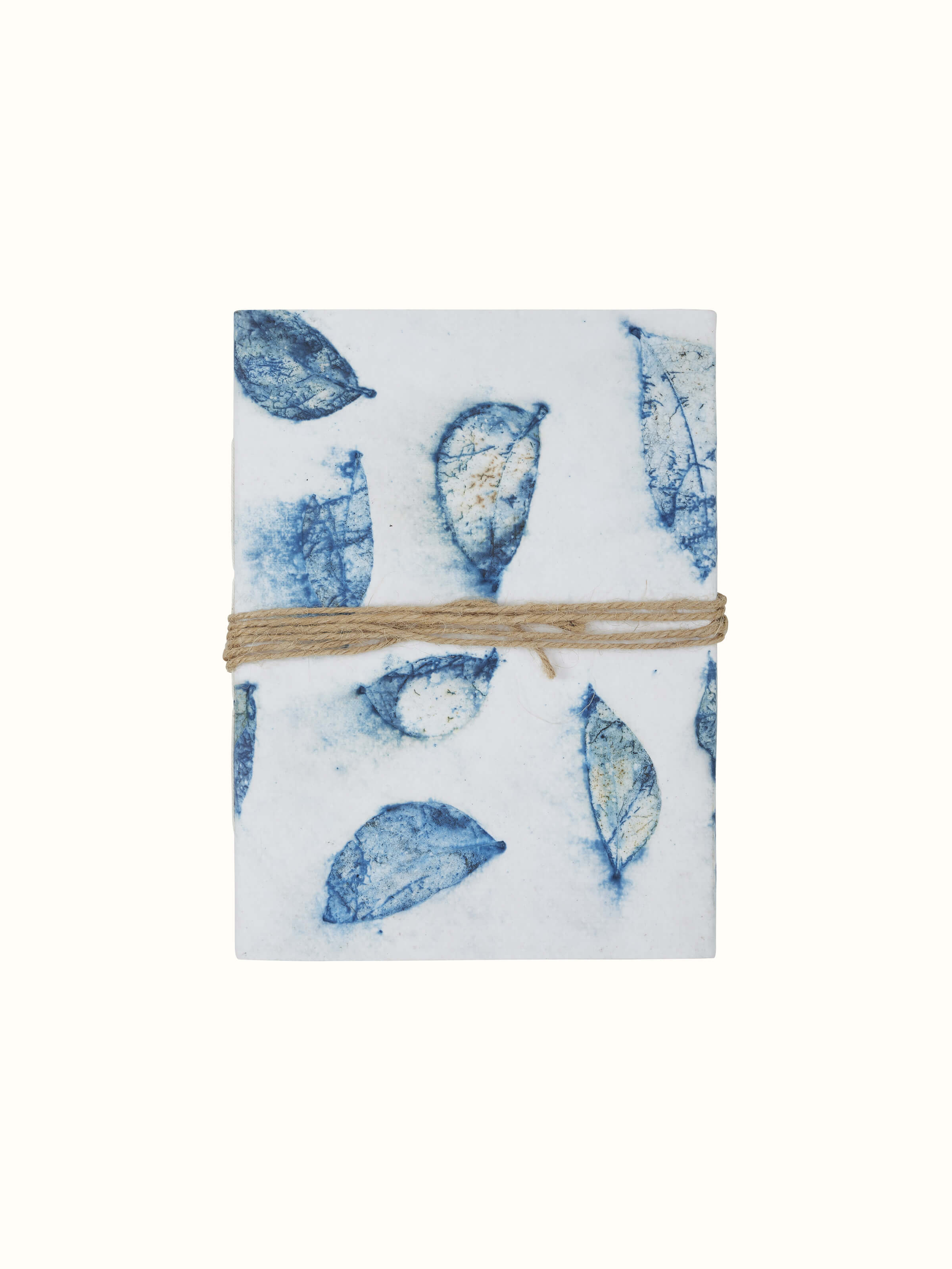 Front view of Auroville handmade paper notebook with blue rope binding, showcasing the textured cover