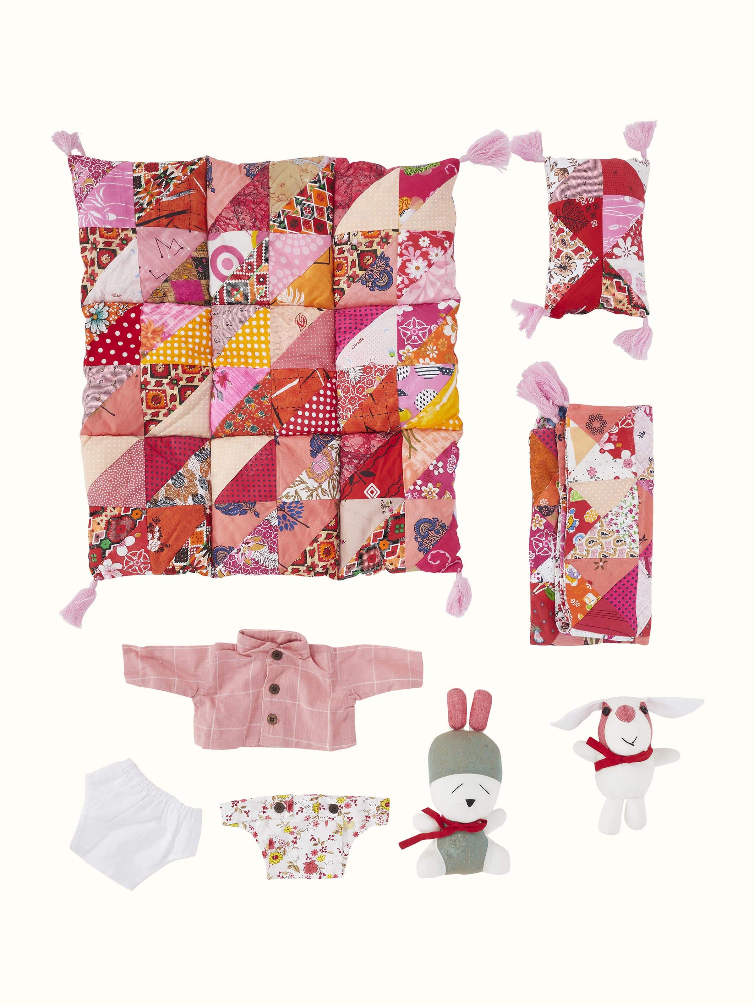 Front view of Cotton & Polyester Baby Caring Doll Set, showcasing the soft fabric and adorable design.