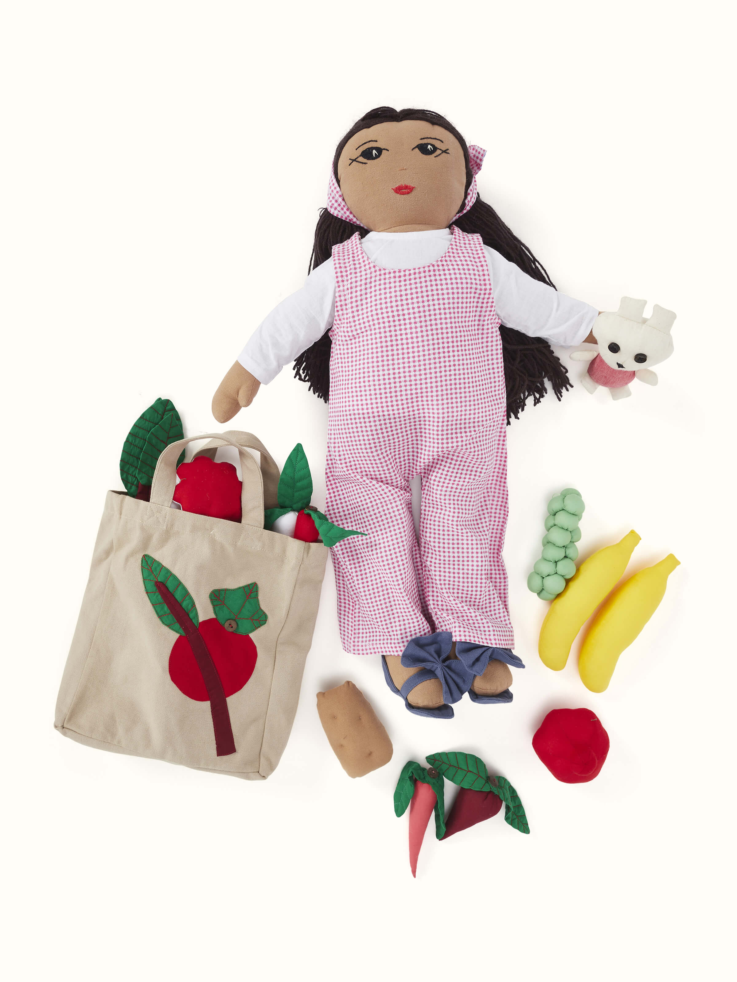 Front view of Cotton & polyester doll set in pink, showcasing the vibrant colors and soft fabric texture.