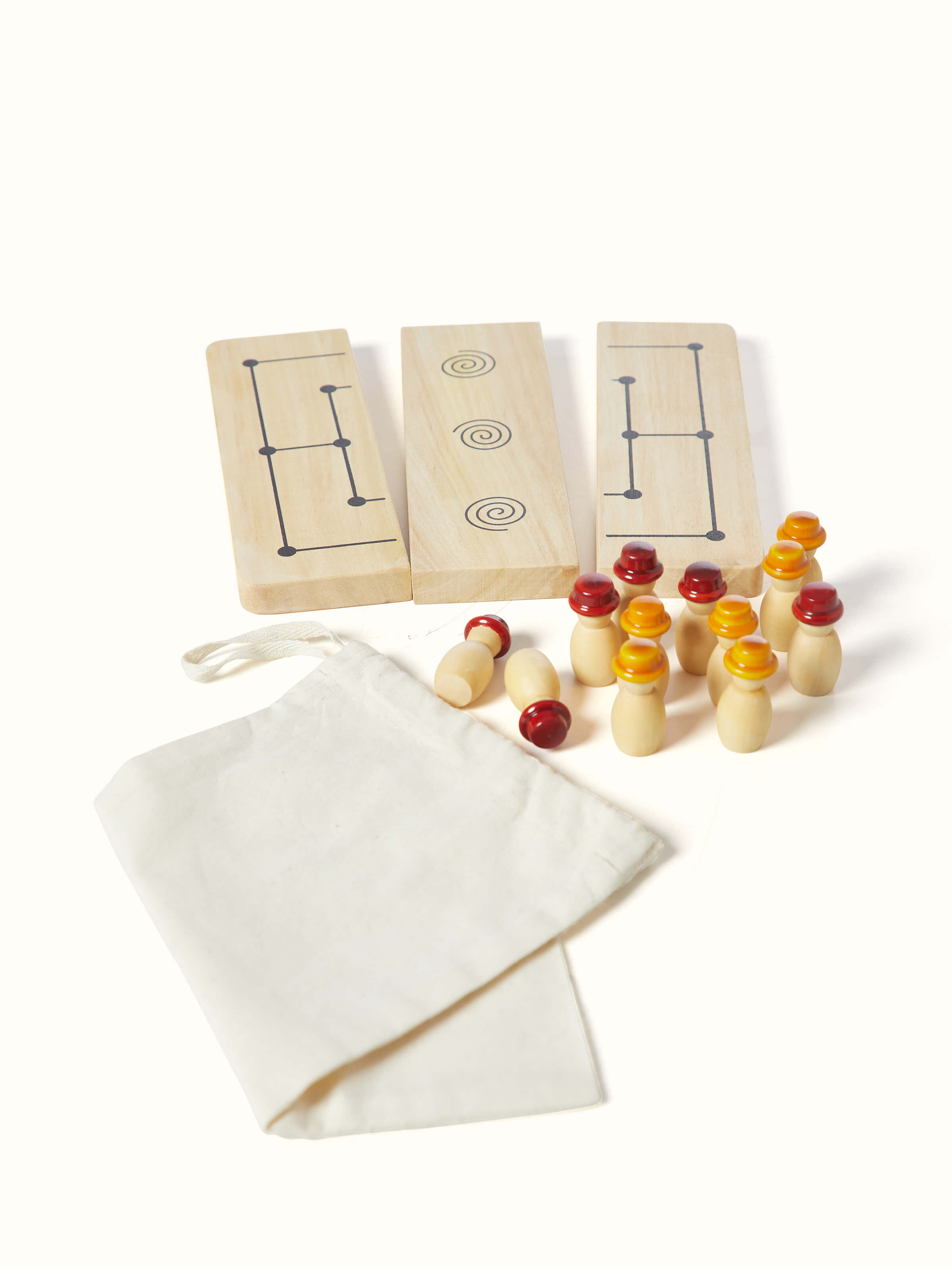 Detailed view of Channapatna ivory wood six men's morris off-white