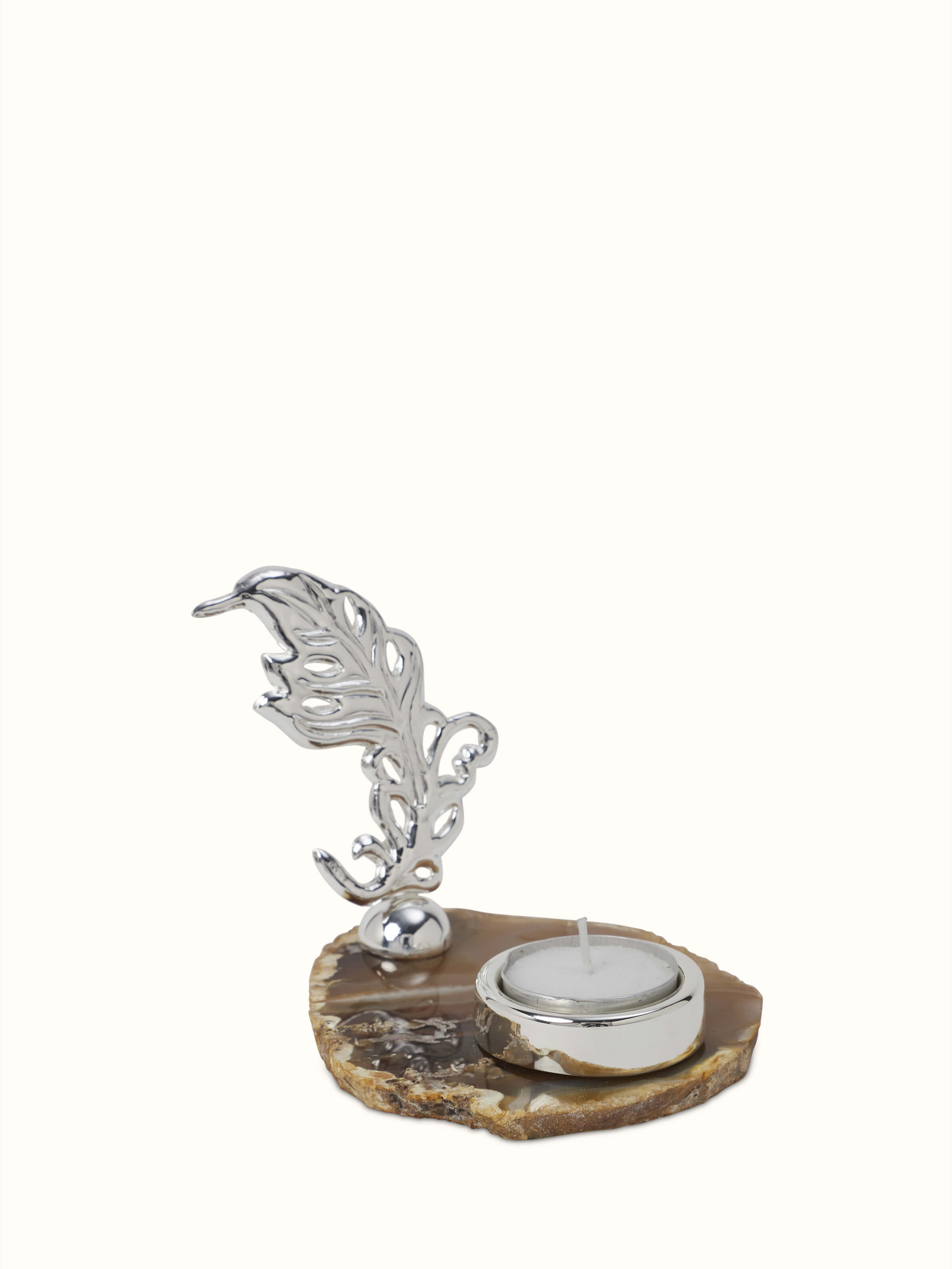 Front view of Silver-Plated Peacock Feather Tea Light Holder showcasing elegant design