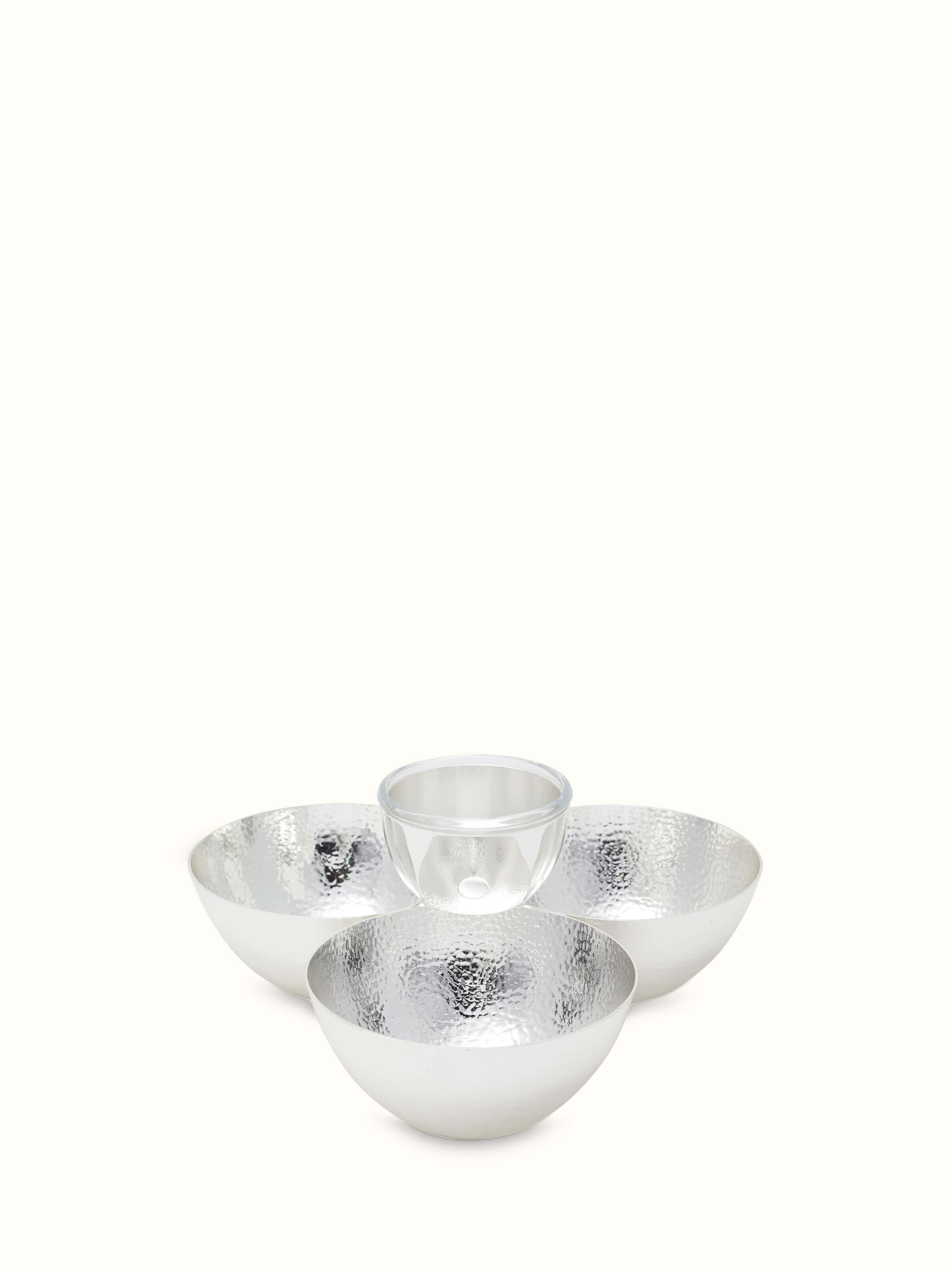 Angled view of Silver-plated nut bowl highlighting the sleek design and shiny finish.
