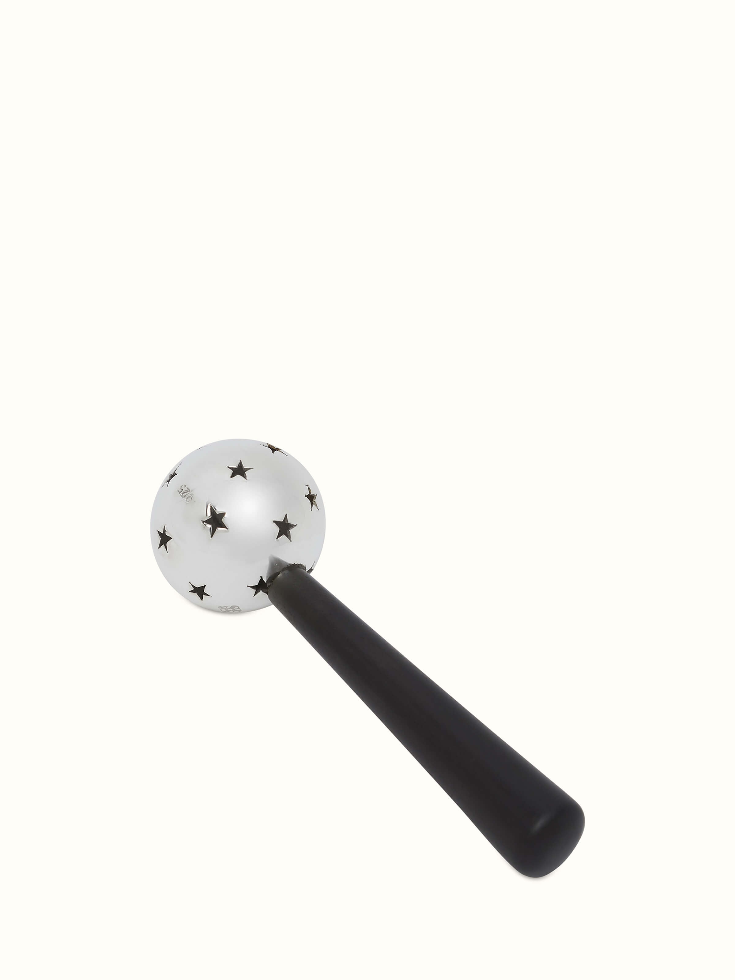 Detailed view of Silver star rattle toy showing the intricate design and reflective surface