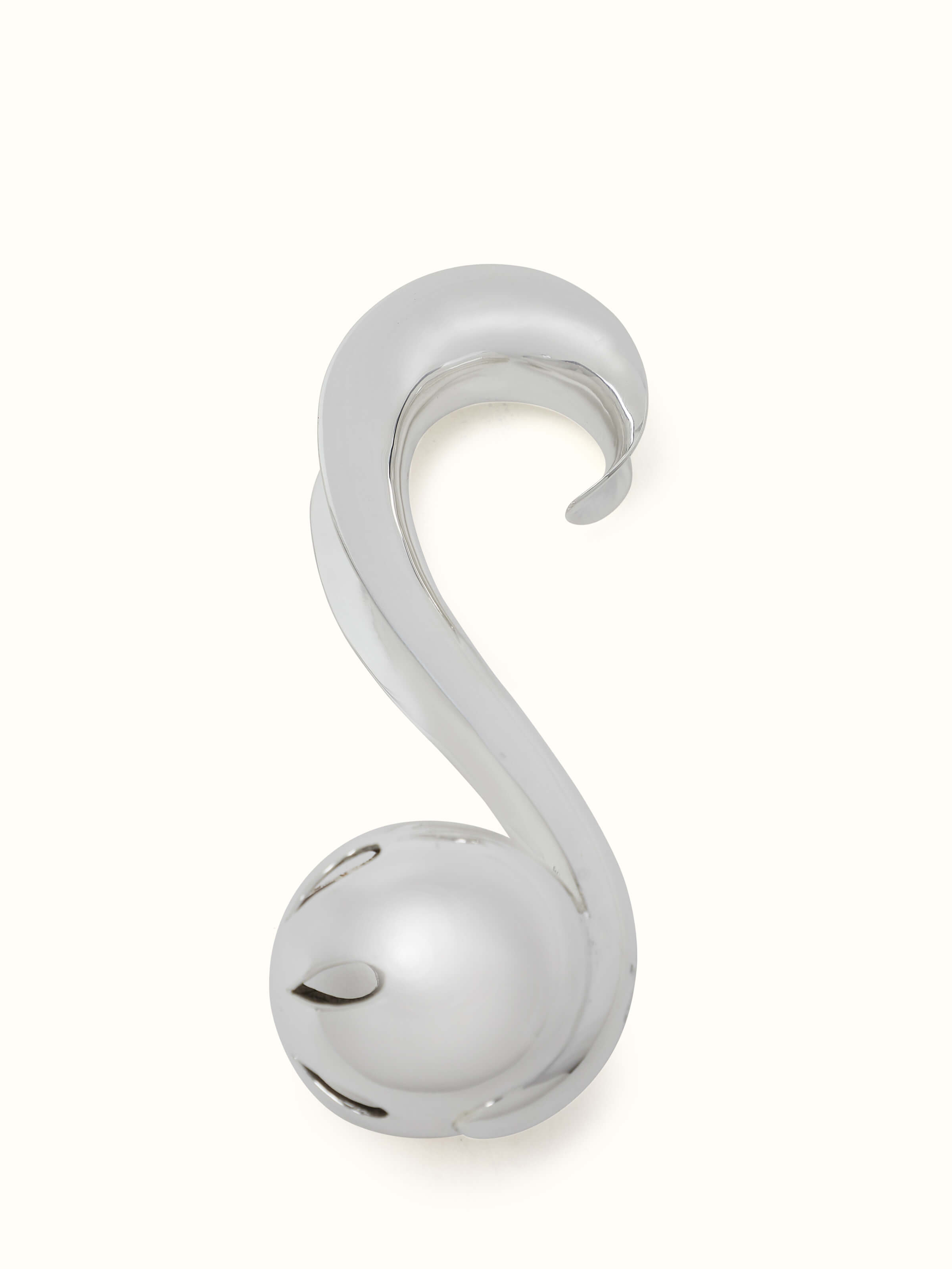 Front view of Silver Curved Handle Rattle Toy displaying its curved handle and shiny surface.