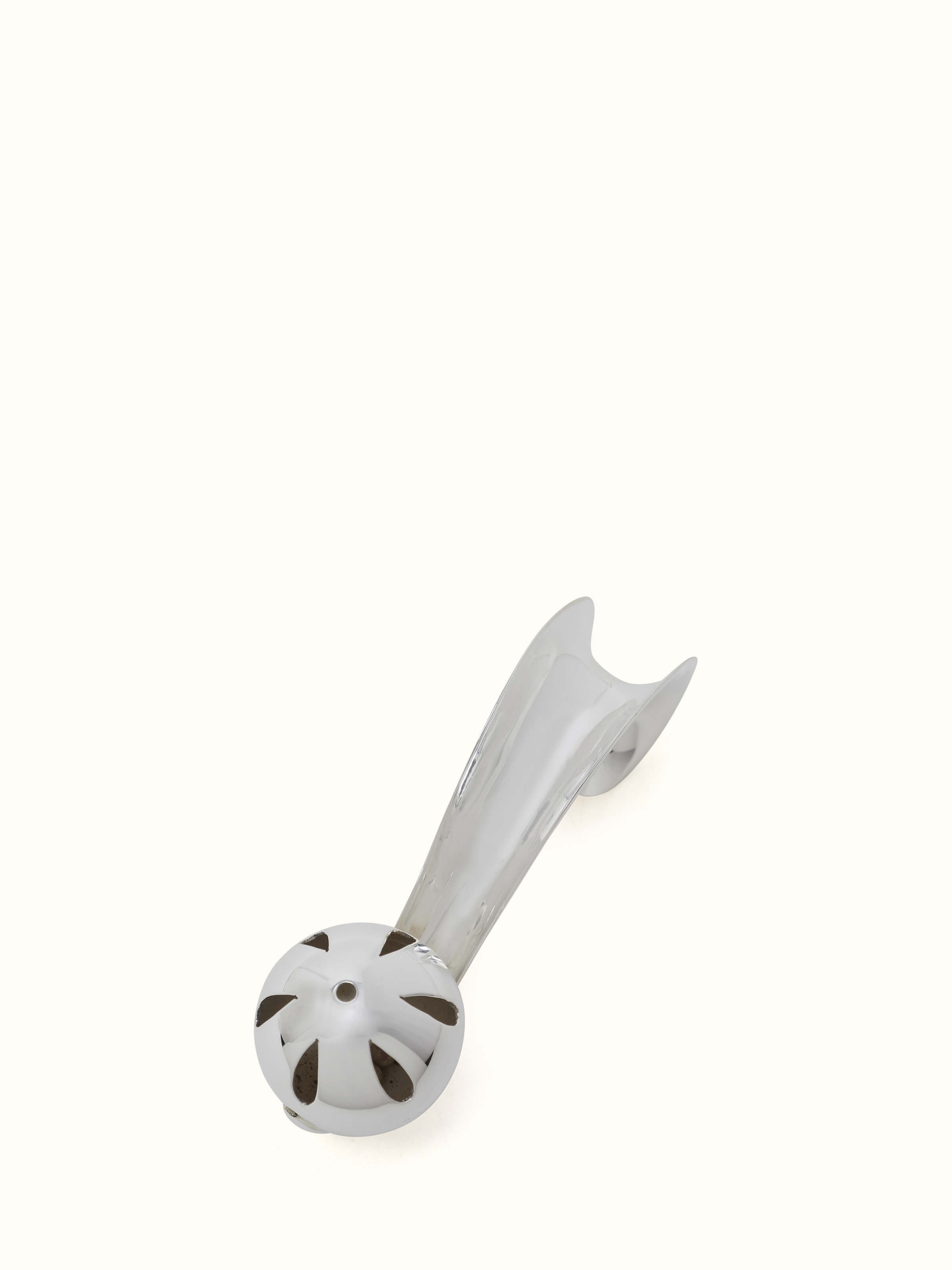 Side view of Silver Curved Handle Rattle Toy emphasizing the ergonomic handle and sleek design.