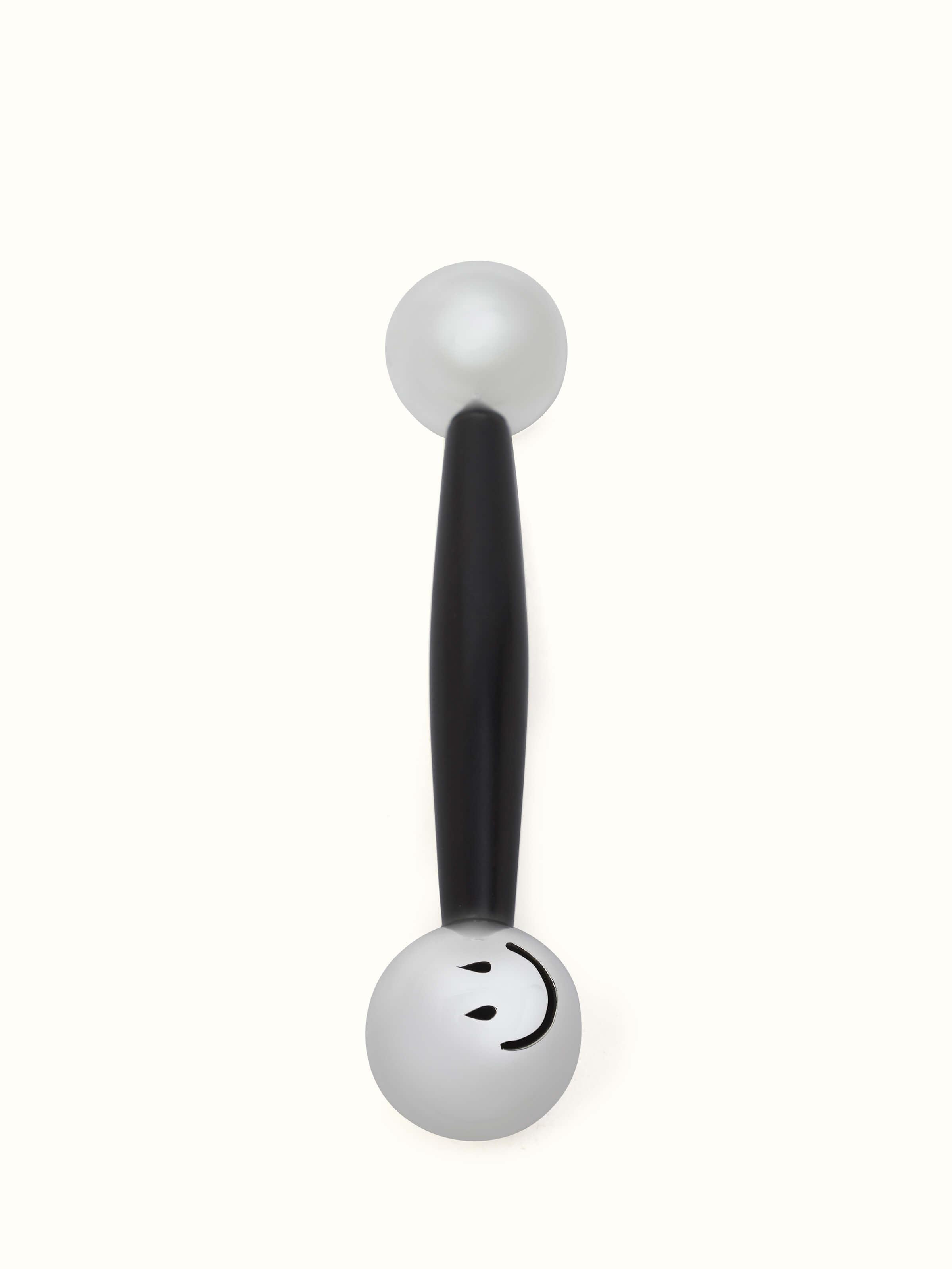 Front view of Silver Dumbbell Rattle Toy showing its sleek design and shiny finish.