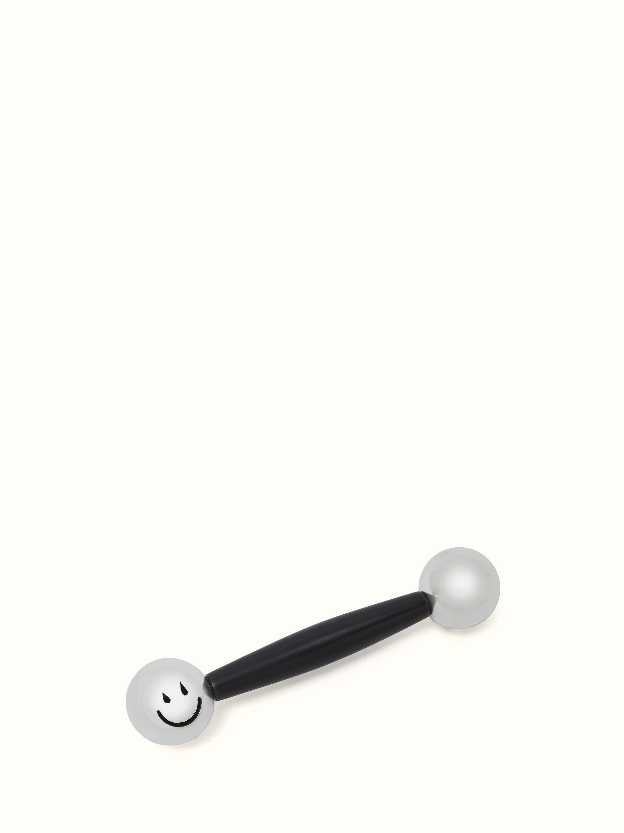 Side view of Silver Dumbbell Rattle Toy highlighting its functional design and craftsmanship.