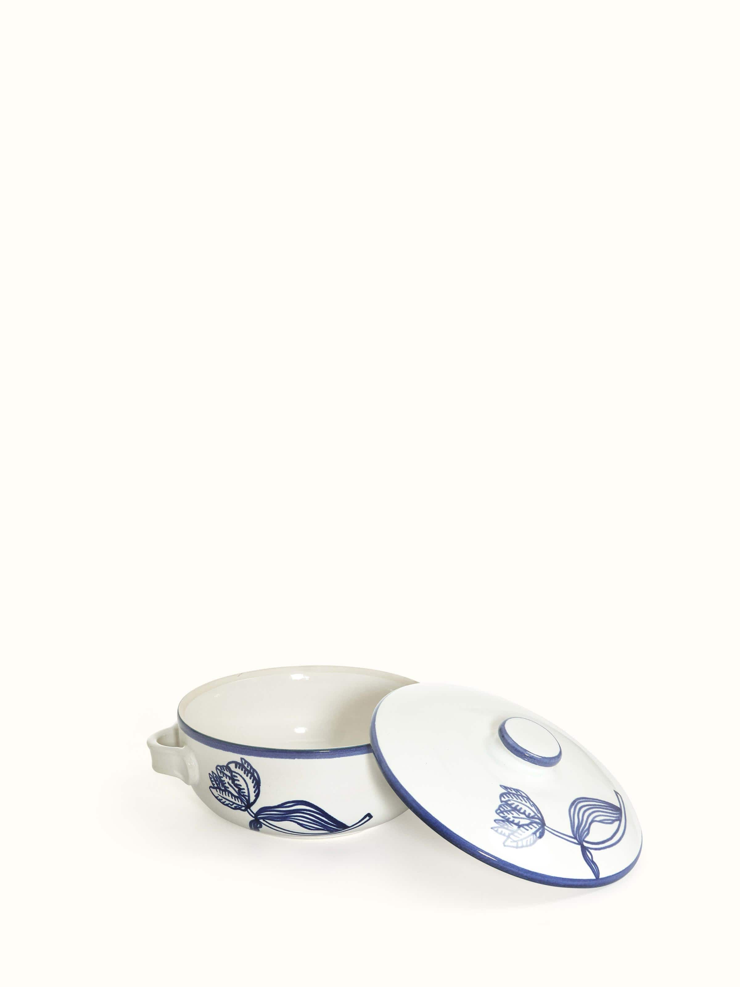 Angled view of Khurja Pottery Ceramic Roti Box, displaying the intricate design and ceramic finish