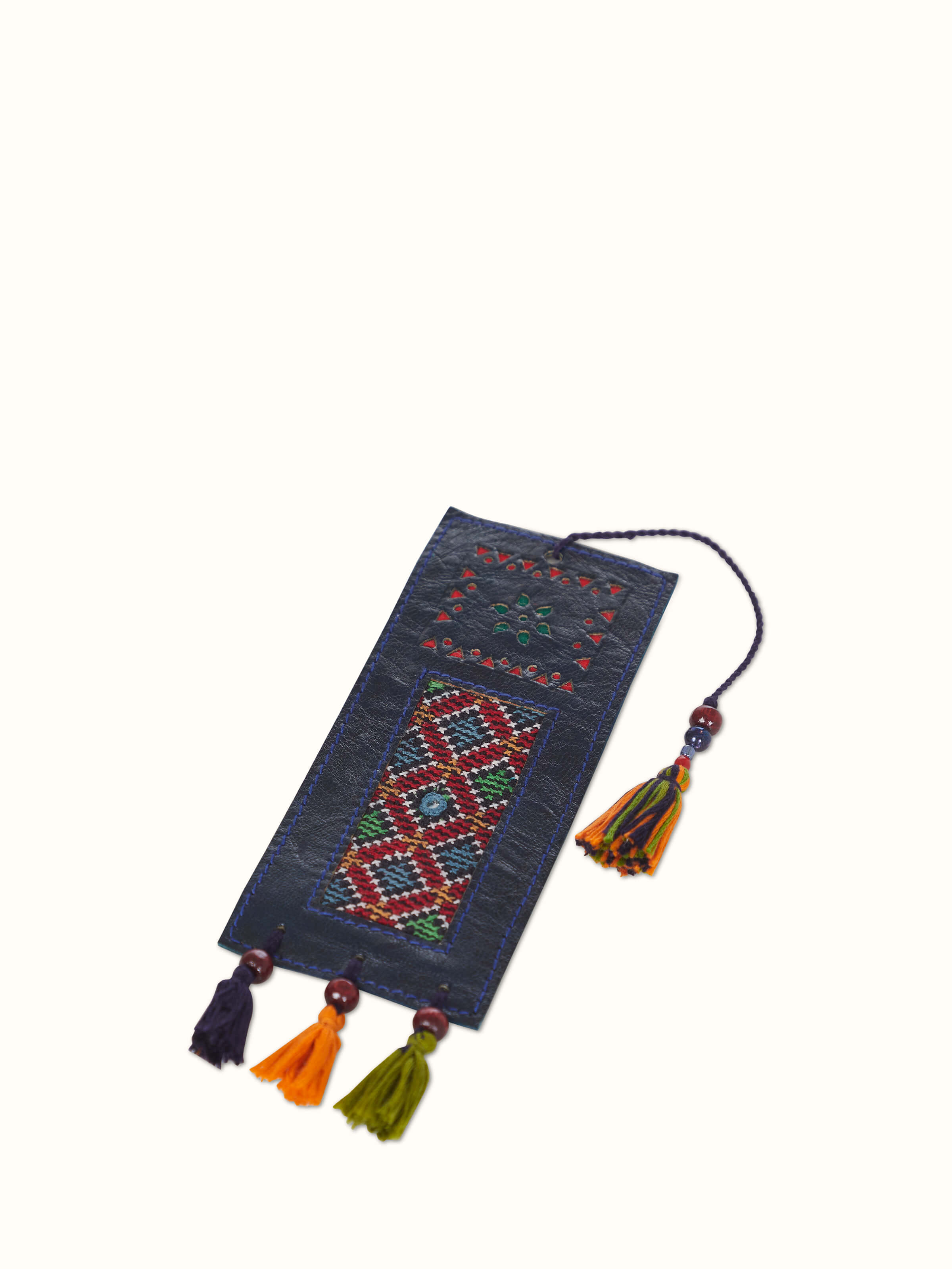 Blue Kutch embroidery leather bookmark featuring intricate traditional patterns and high-quality leather.