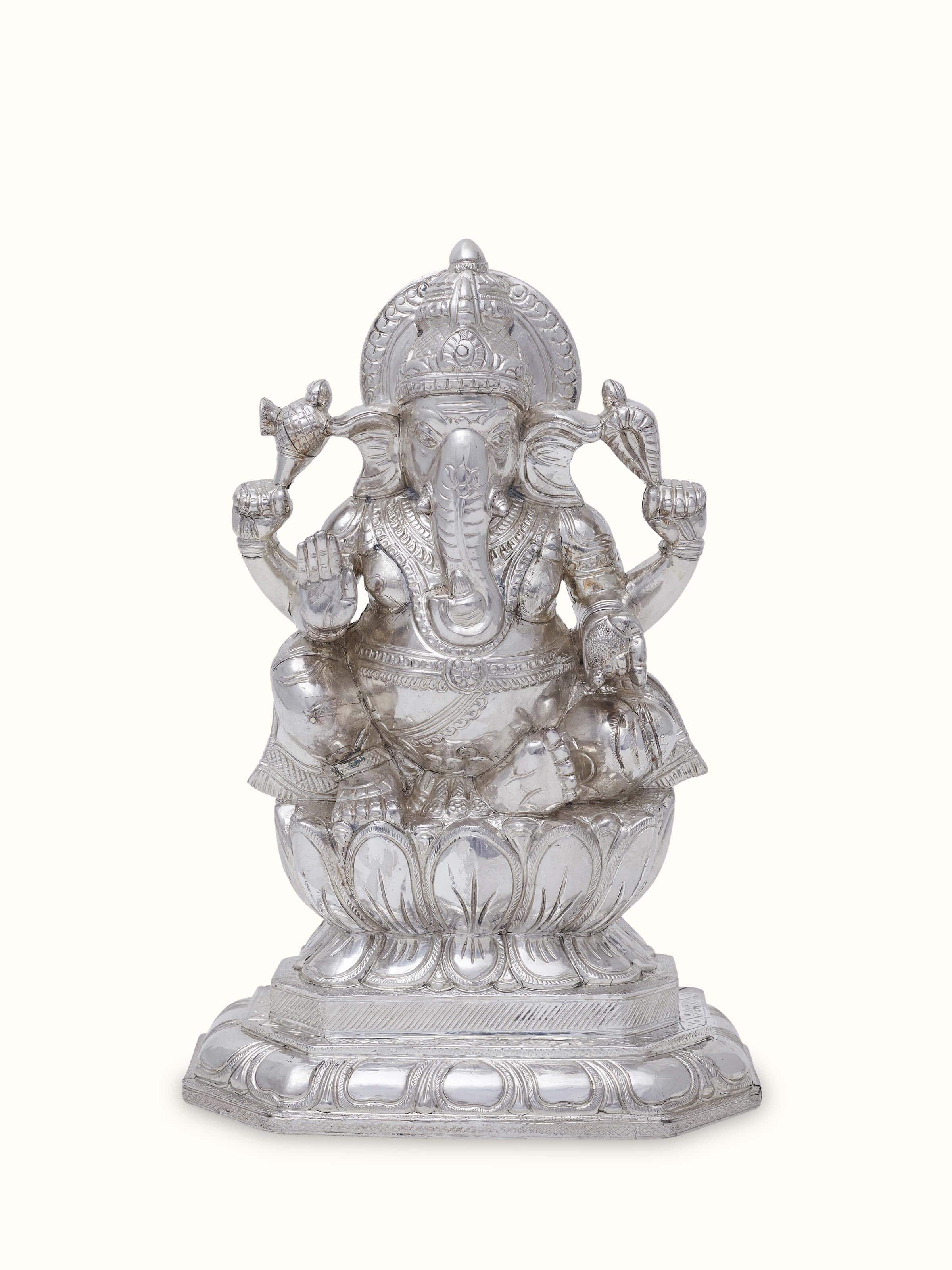 Front view of Silver-Clad Lotus Ganesh Idol showing the intricate design