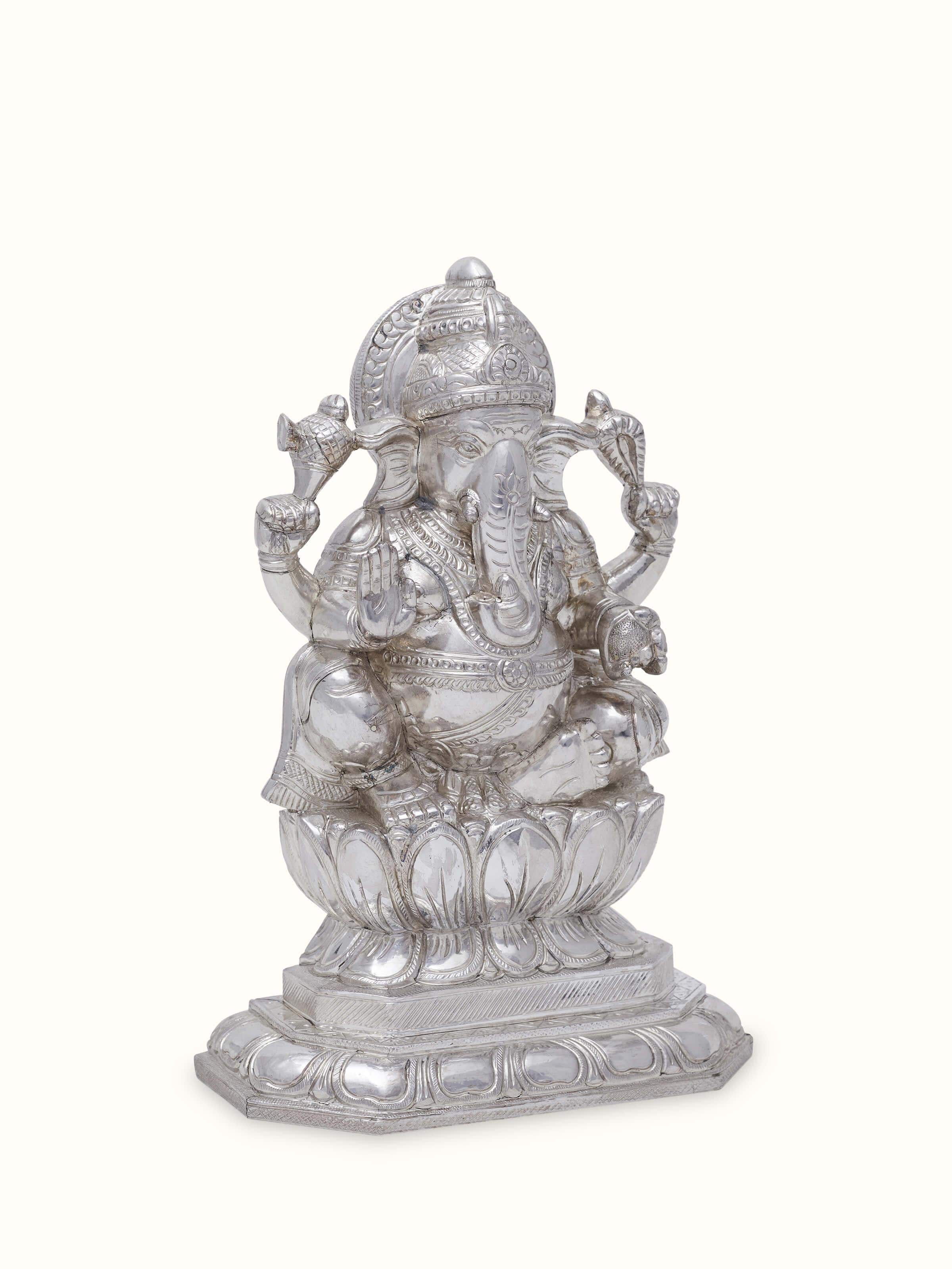 Side view of Silver-Clad Lotus Ganesh Idol highlighting the details and finish