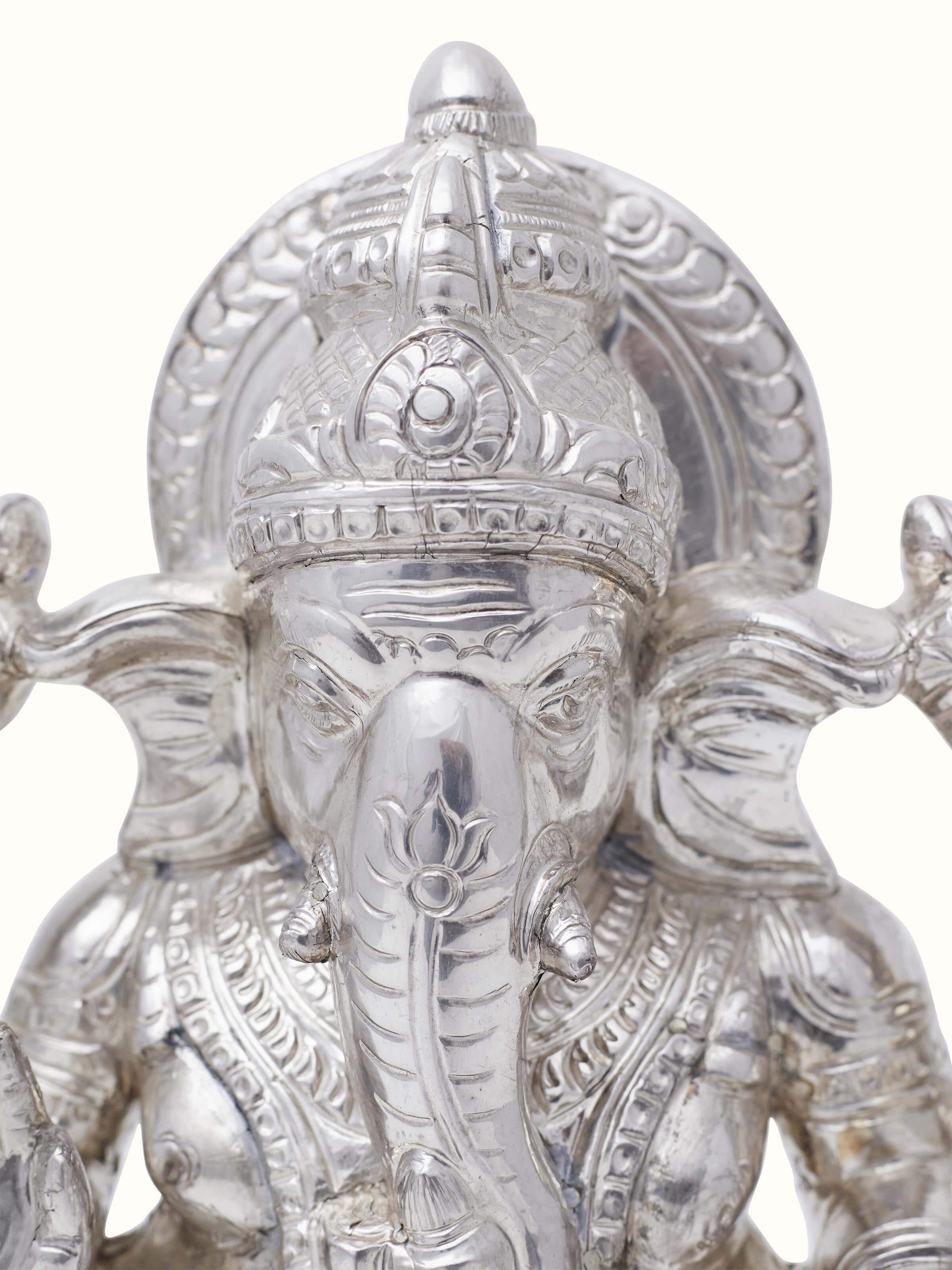 Detailed view of Silver-Clad Lotus Ganesh Idol emphasizing the craftsmanship and finish