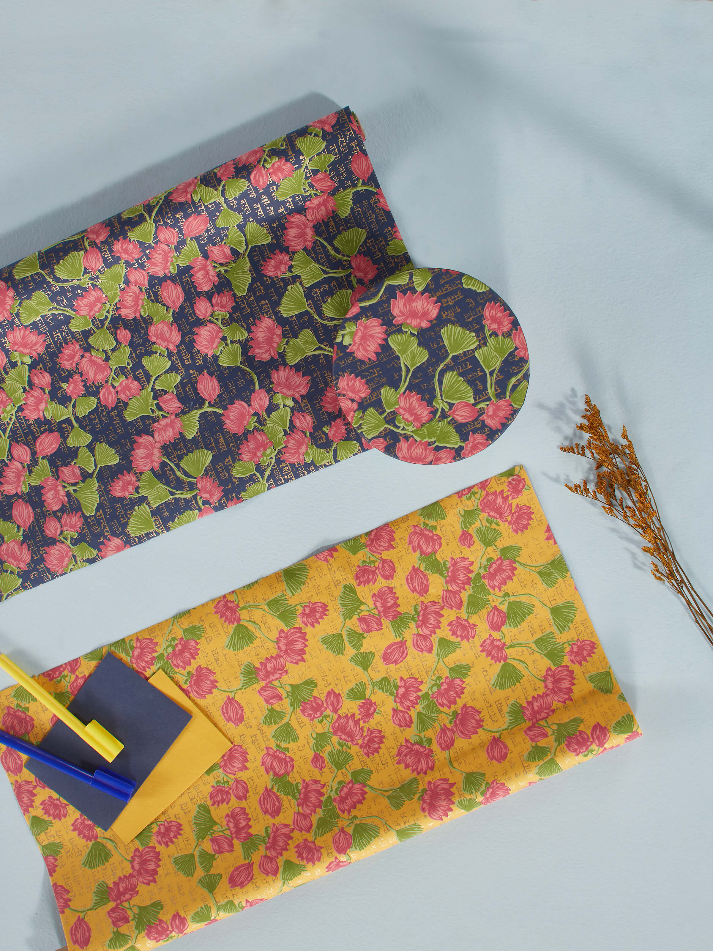 Front view of blue handmade paper wrapping sheets, highlighting their quality and handcrafted details.