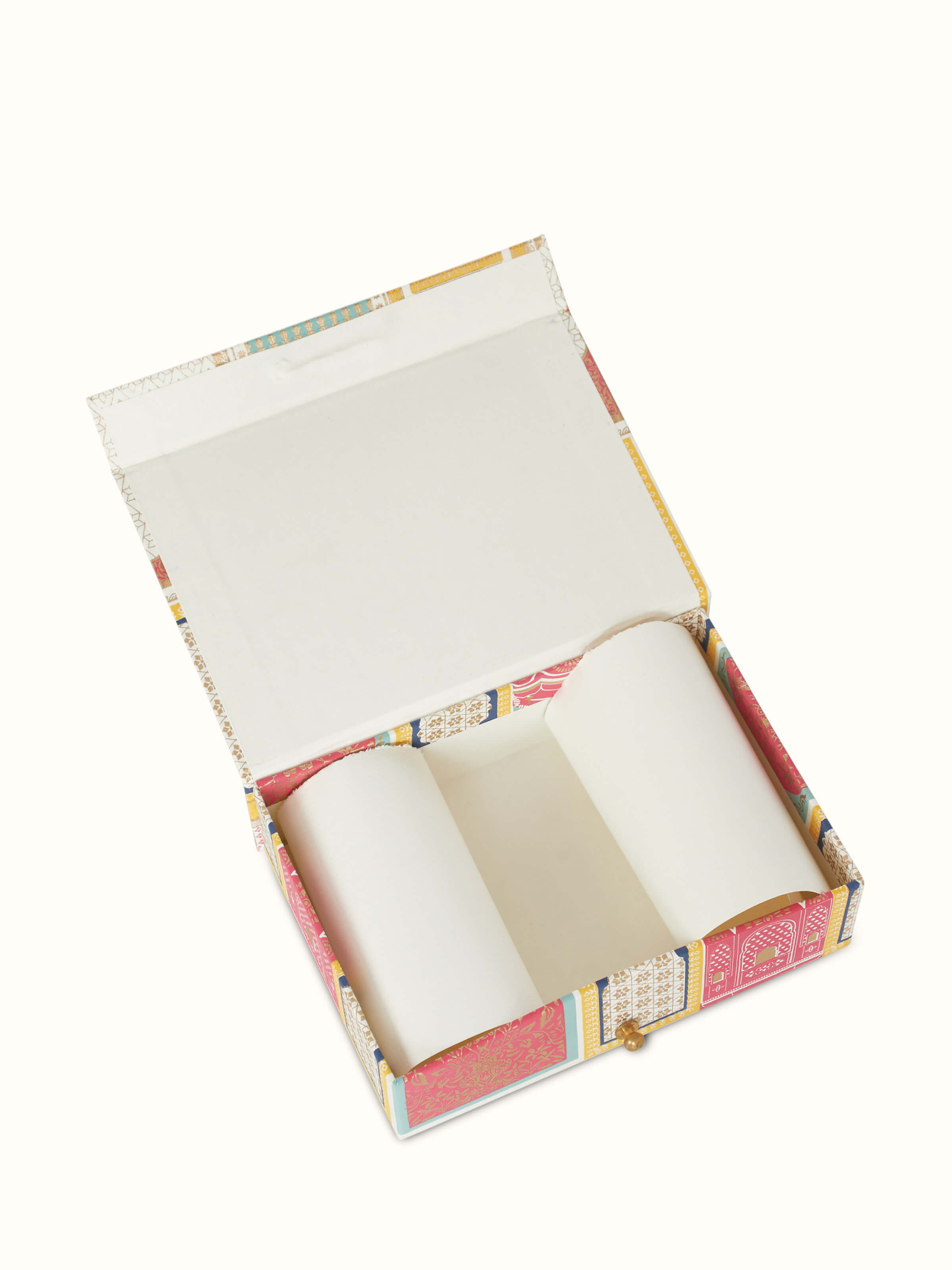 Artistic view of Handmade paper stationery boxes in white, showcasing design details and box structure.