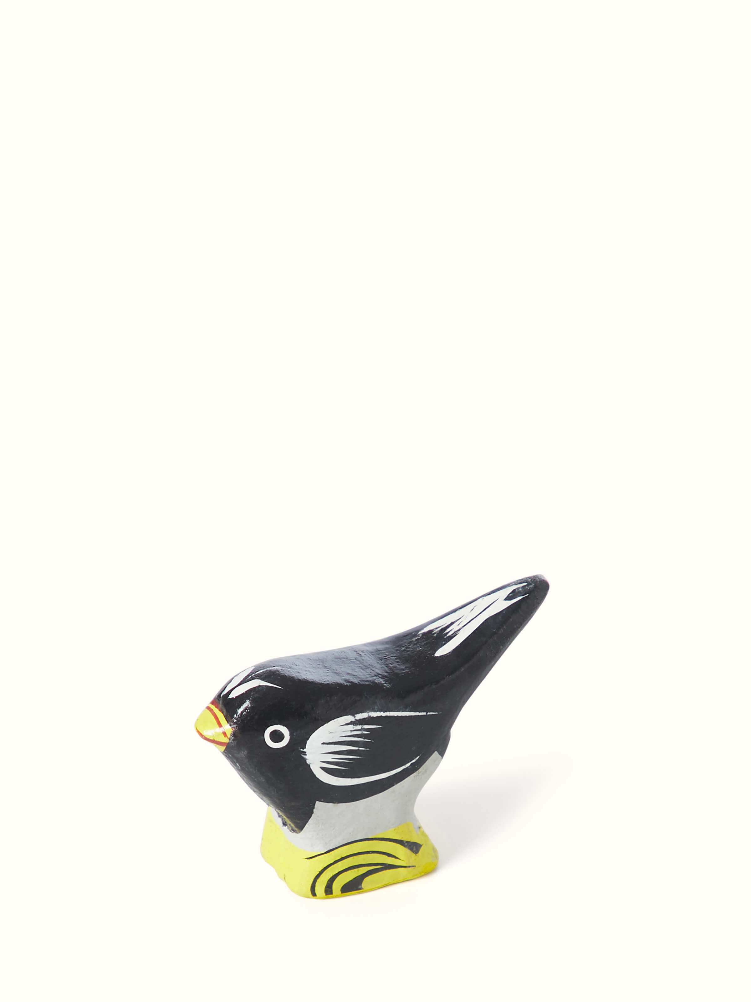 Side angle view of wooden endangered Indian bird toys (6 pcs) highlighting the vibrant colors and patterns.