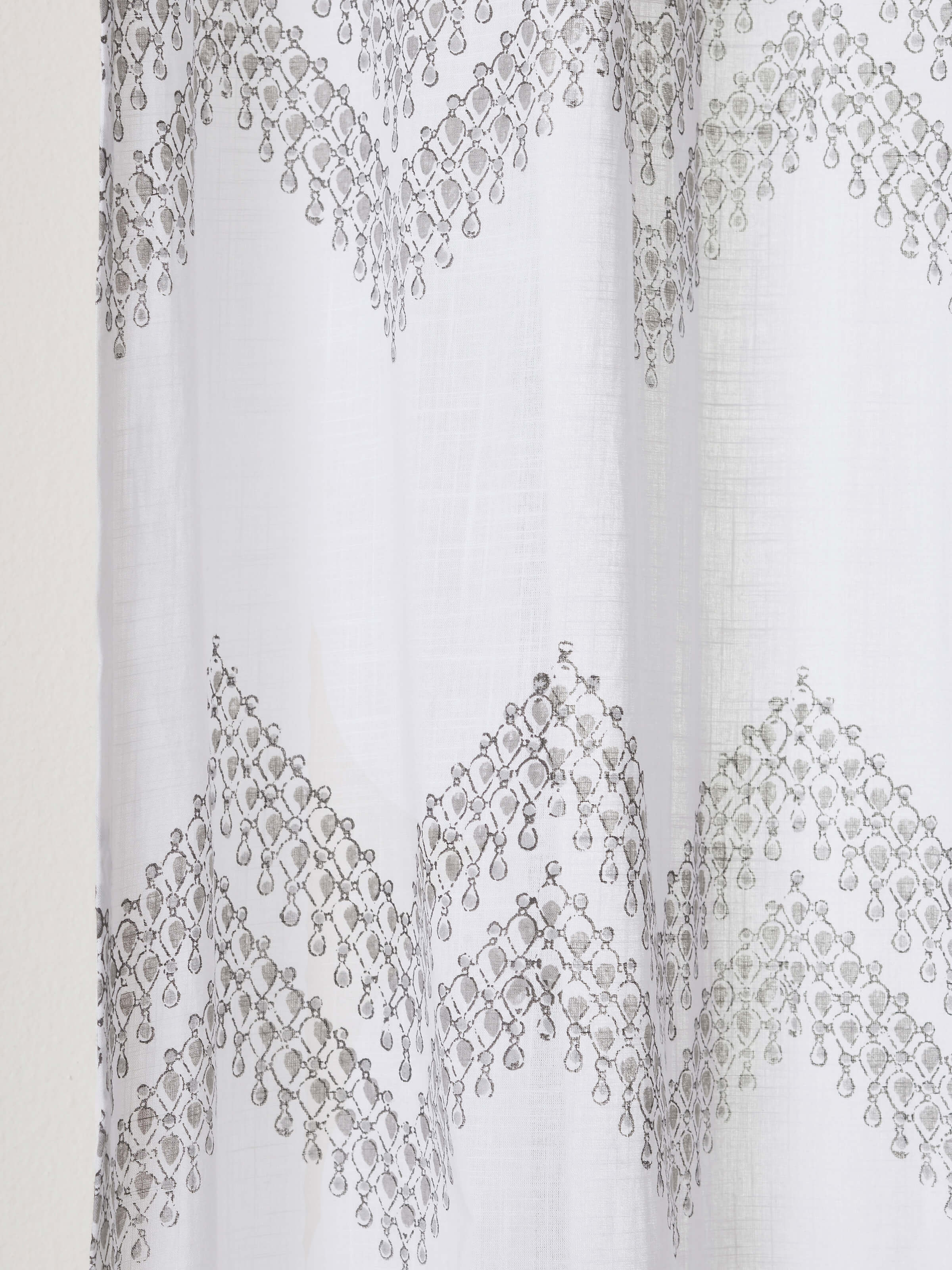 Detailed view of Rambagh white modern geo chevron cotton Sanganeri block printed curtain (7 ft), highlighting the geometric design and quality of the cotton.