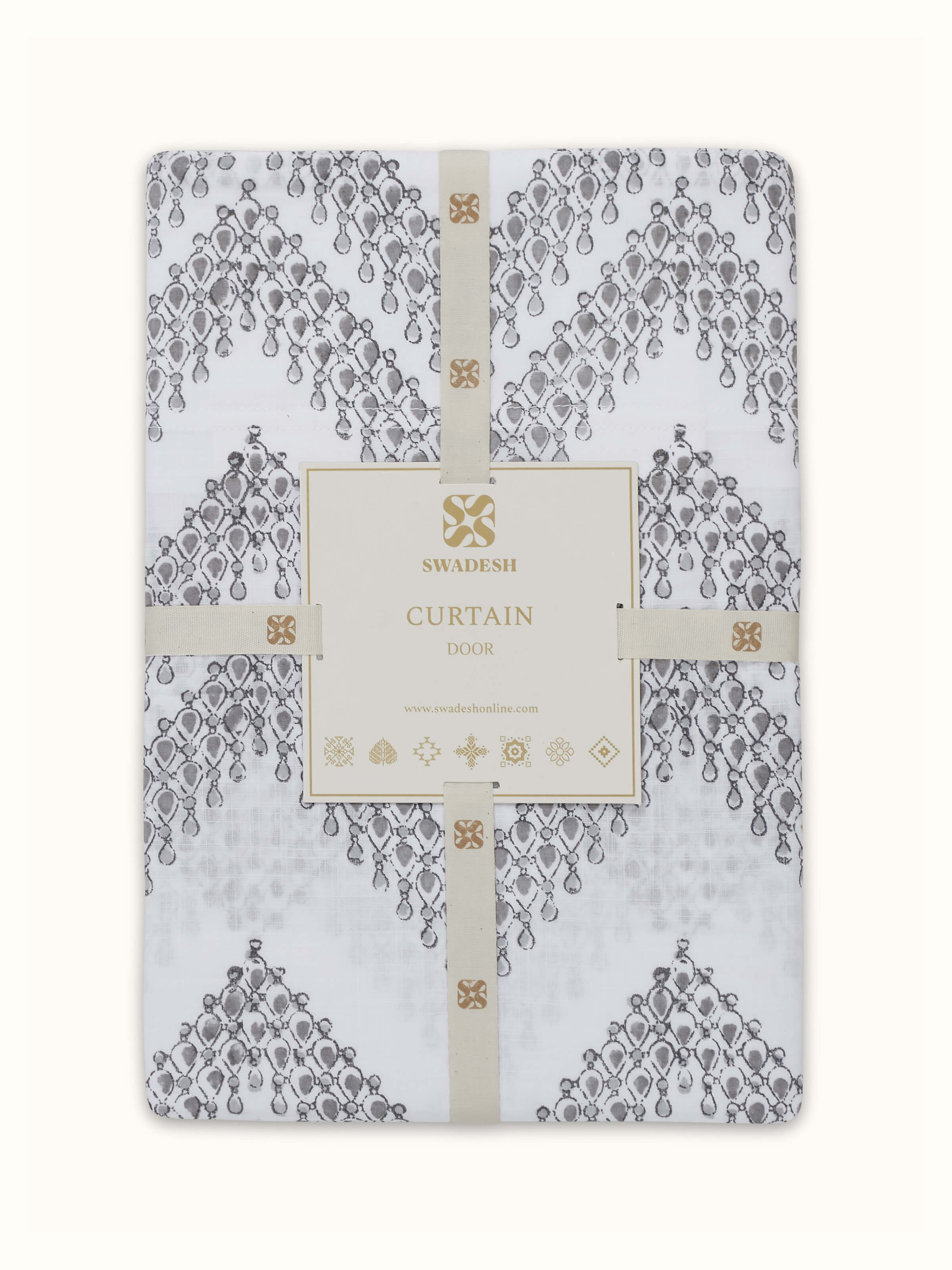 Rambagh white modern geo chevron cotton Sanganeri block printed curtain (7 ft) in a room setting, demonstrating its design and functionality.