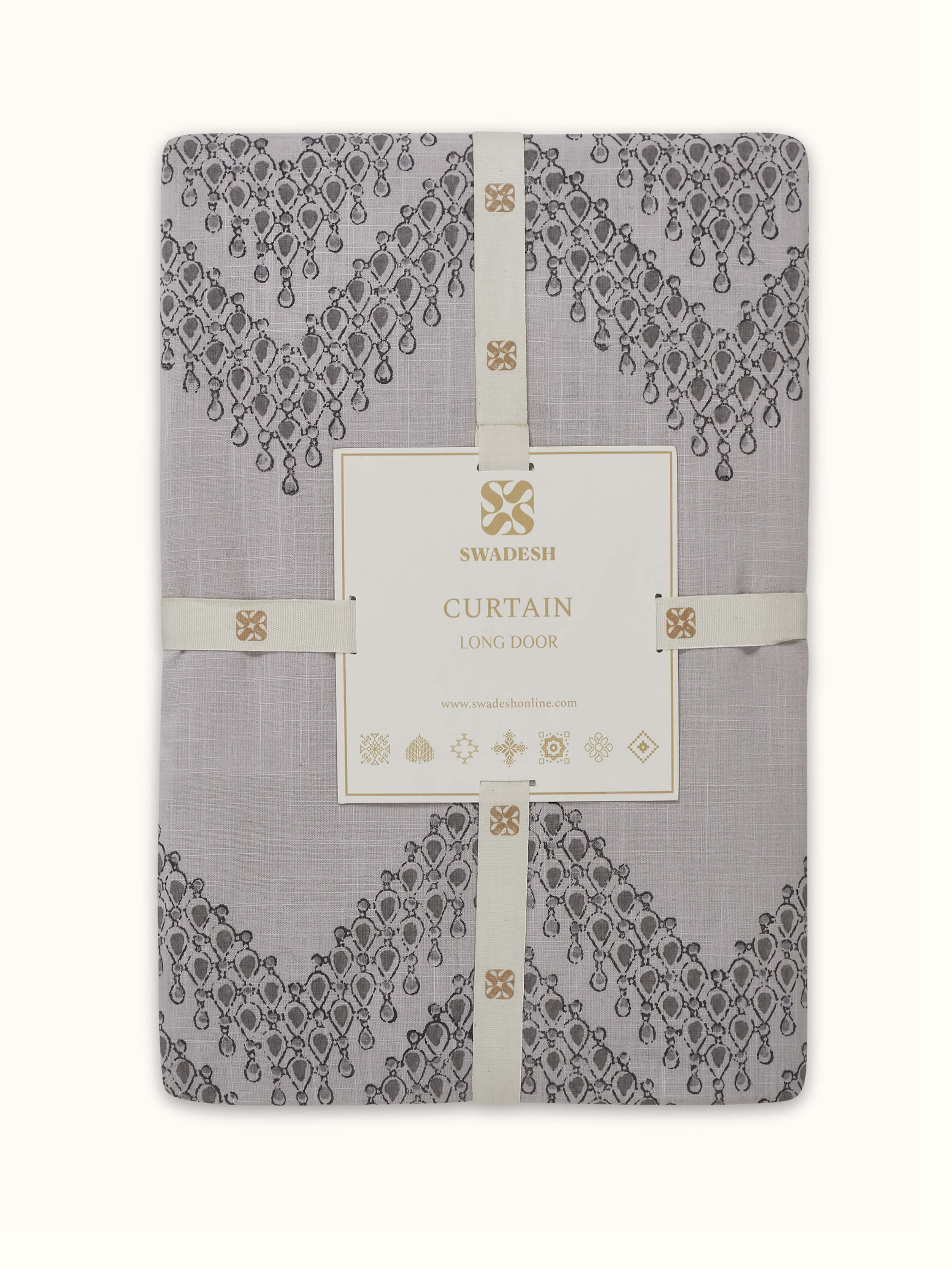 Side view of Rambagh Light Grey Modern Geo Chevron Cotton Sanganeri Block Printed Curtain (9 ft), showing the drape and fabric texture.