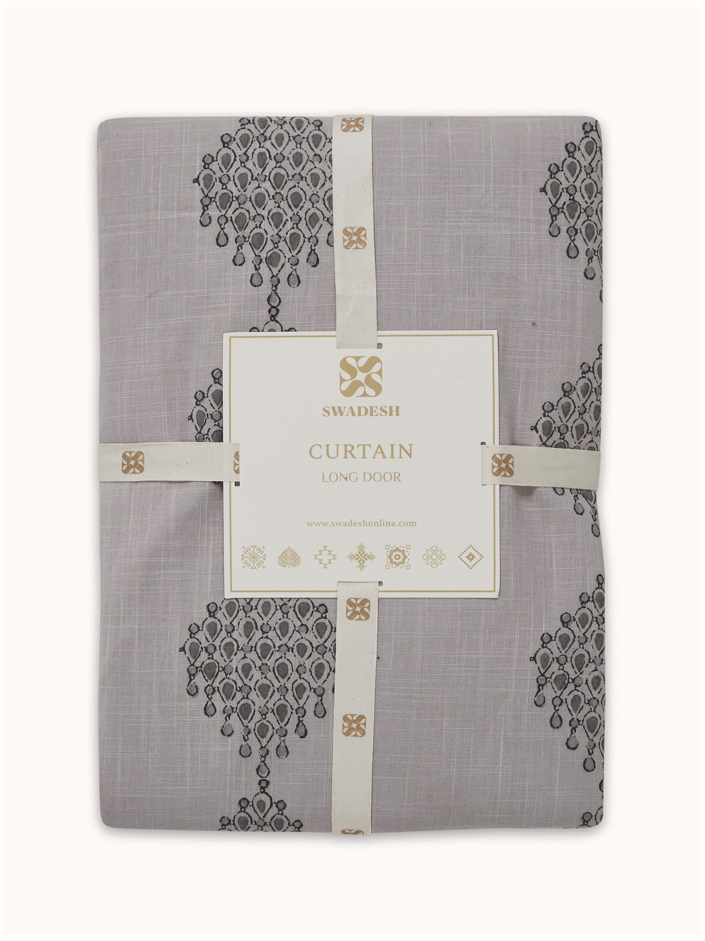 Detailed view of Rambagh Light Grey Modern Geo Diamond Cotton Sanganeri Block Printed Curtain (9 ft) focusing on the quality of the print and fabric