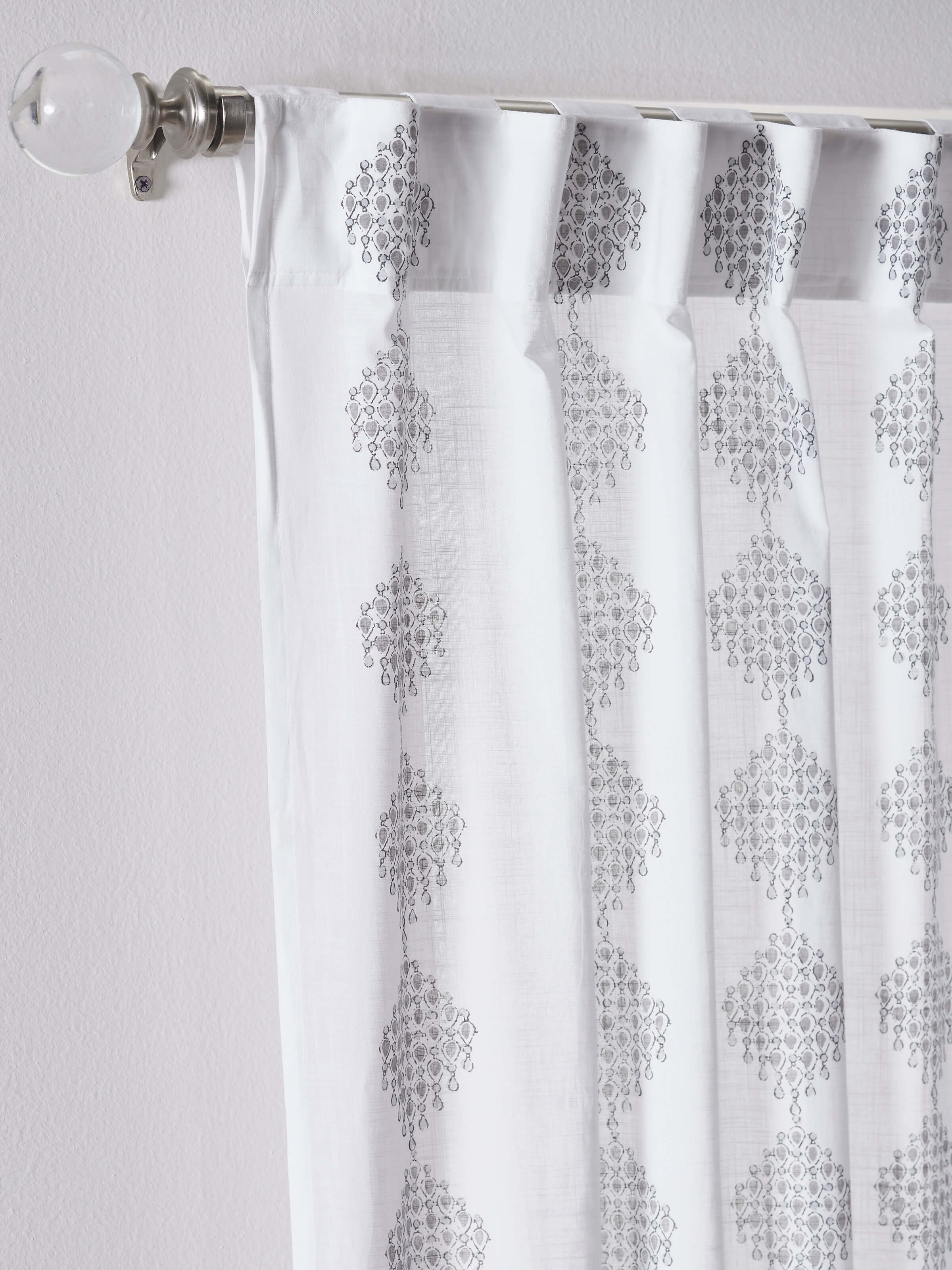 Full view of Rambagh White Modern Geo Diamond Cotton Sanganeri Block Printed Curtain (9 ft) showing the contemporary geometric pattern.